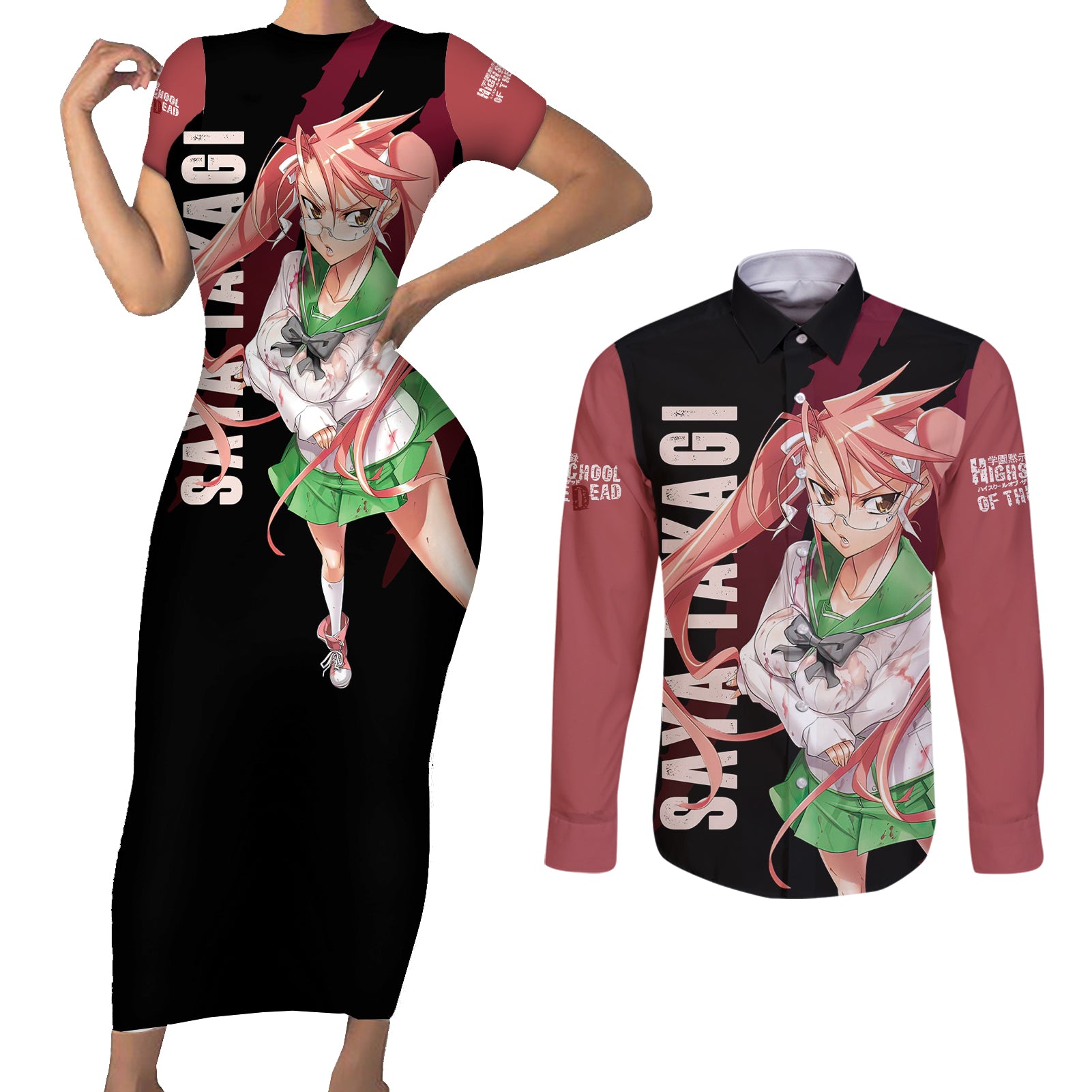 Saya Takagi Couples Matching Short Sleeve Bodycon Dress and Long Sleeve Button Shirt Highschool Of Dead