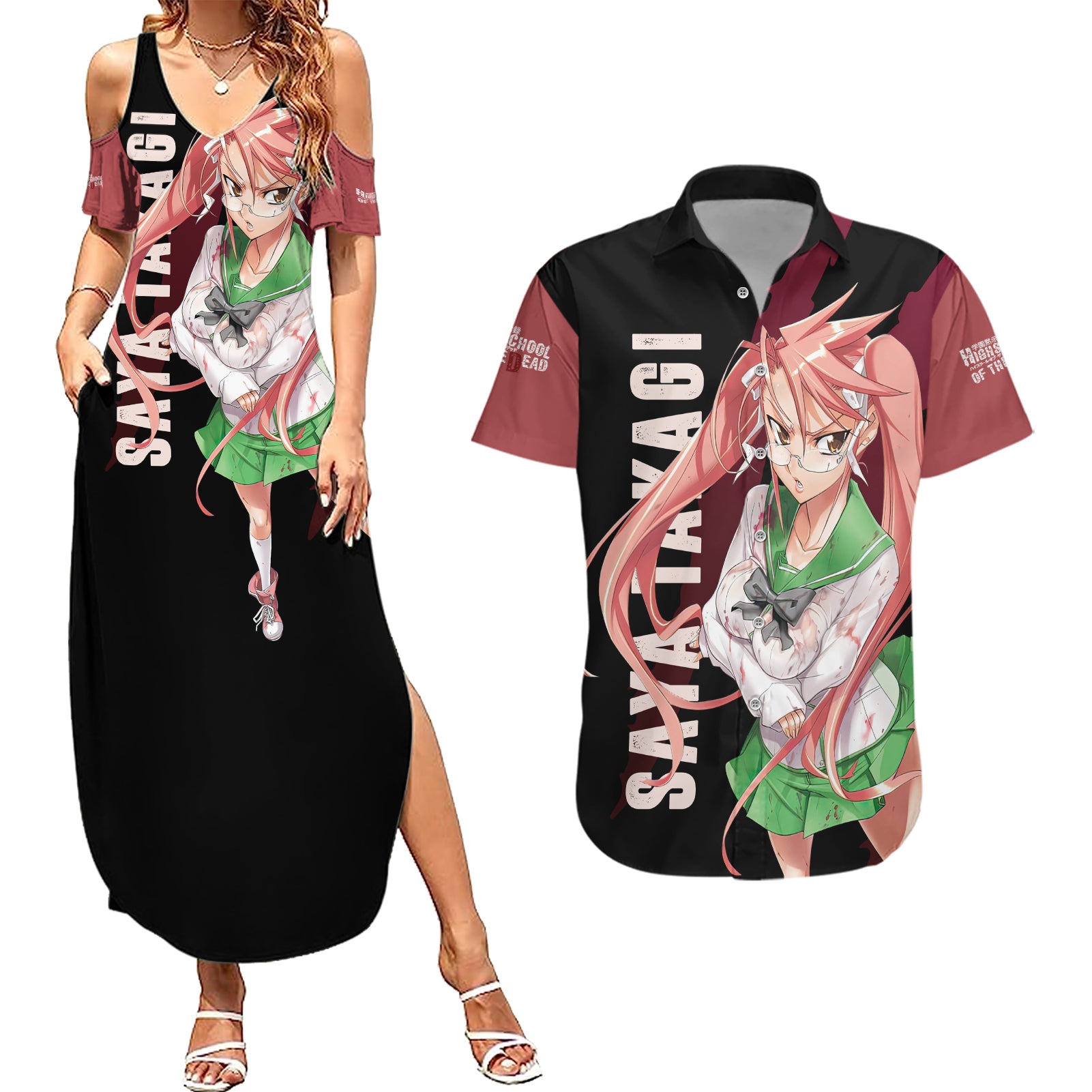 Saya Takagi Couples Matching Summer Maxi Dress and Hawaiian Shirt Highschool Of Dead