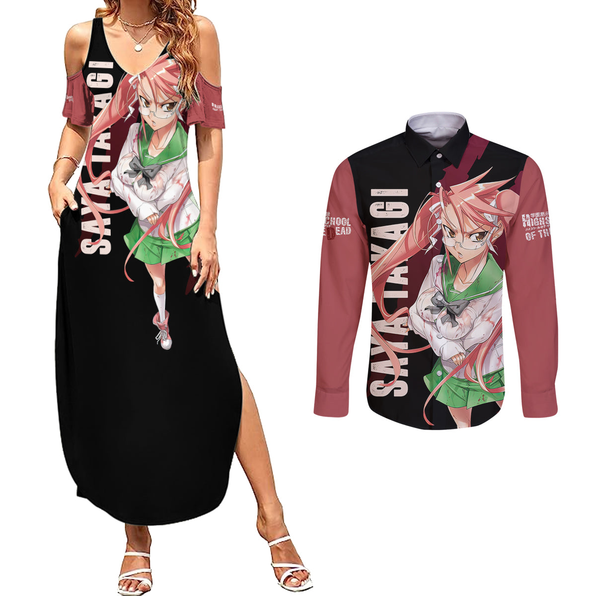 Saya Takagi Couples Matching Summer Maxi Dress and Long Sleeve Button Shirt Highschool Of Dead