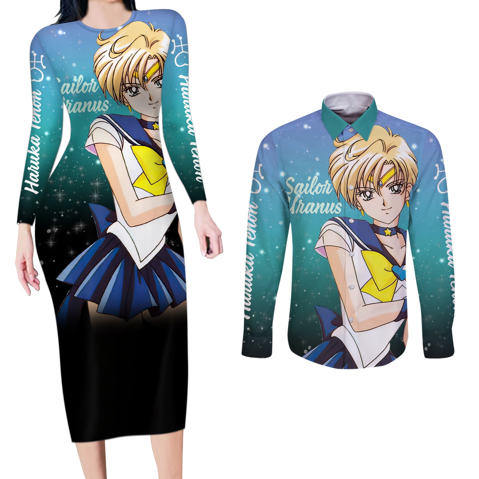 Haruka Tenoh Couples Matching Long Sleeve Bodycon Dress and Long Sleeve Button Shirt Sailor Uranus Sailor Moon Anime