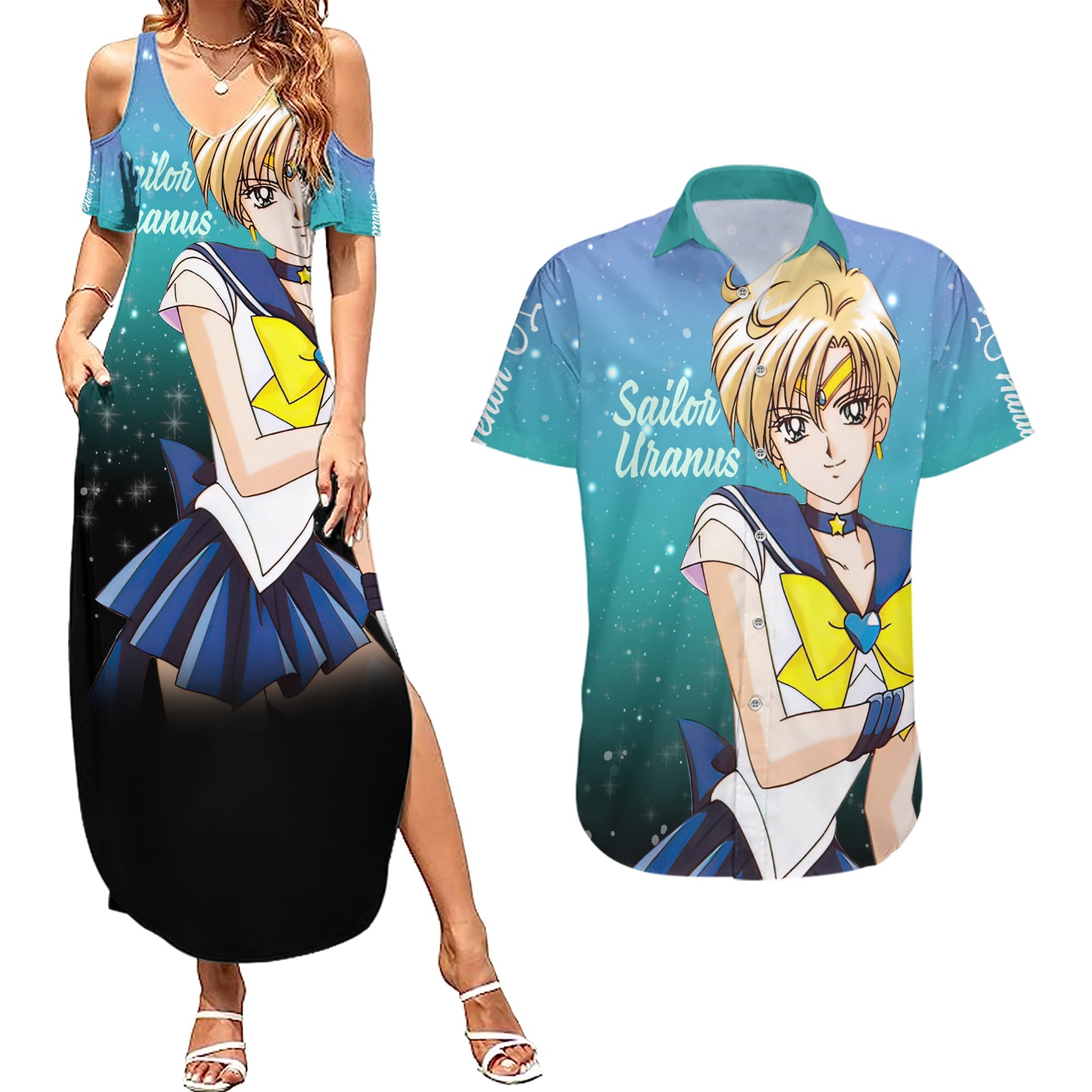 Haruka Tenoh Couples Matching Summer Maxi Dress and Hawaiian Shirt Sailor Uranus Sailor Moon Anime