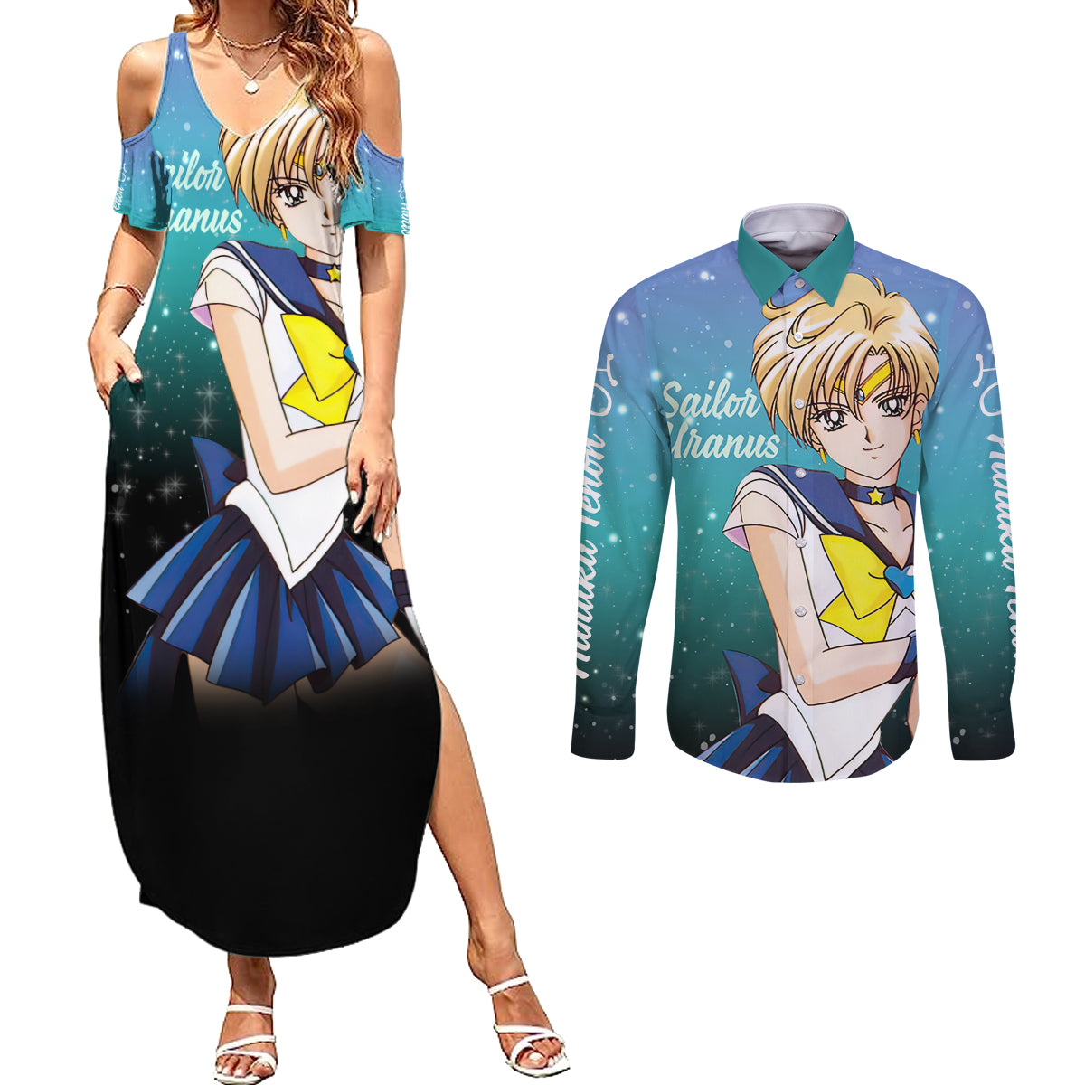 Haruka Tenoh Couples Matching Summer Maxi Dress and Long Sleeve Button Shirt Sailor Uranus Sailor Moon Anime