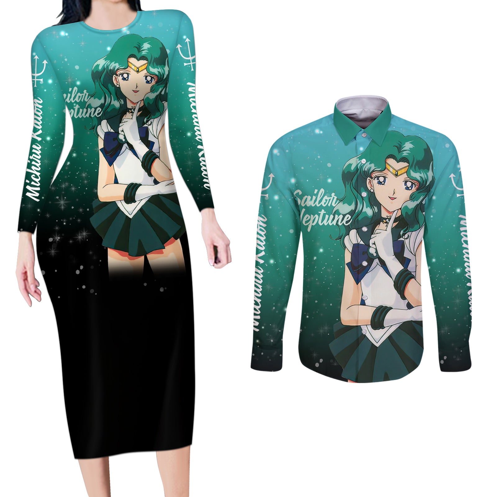 Michiru Kaioh Couples Matching Long Sleeve Bodycon Dress and Long Sleeve Button Shirt Sailor Neptune Sailor Moon Anime