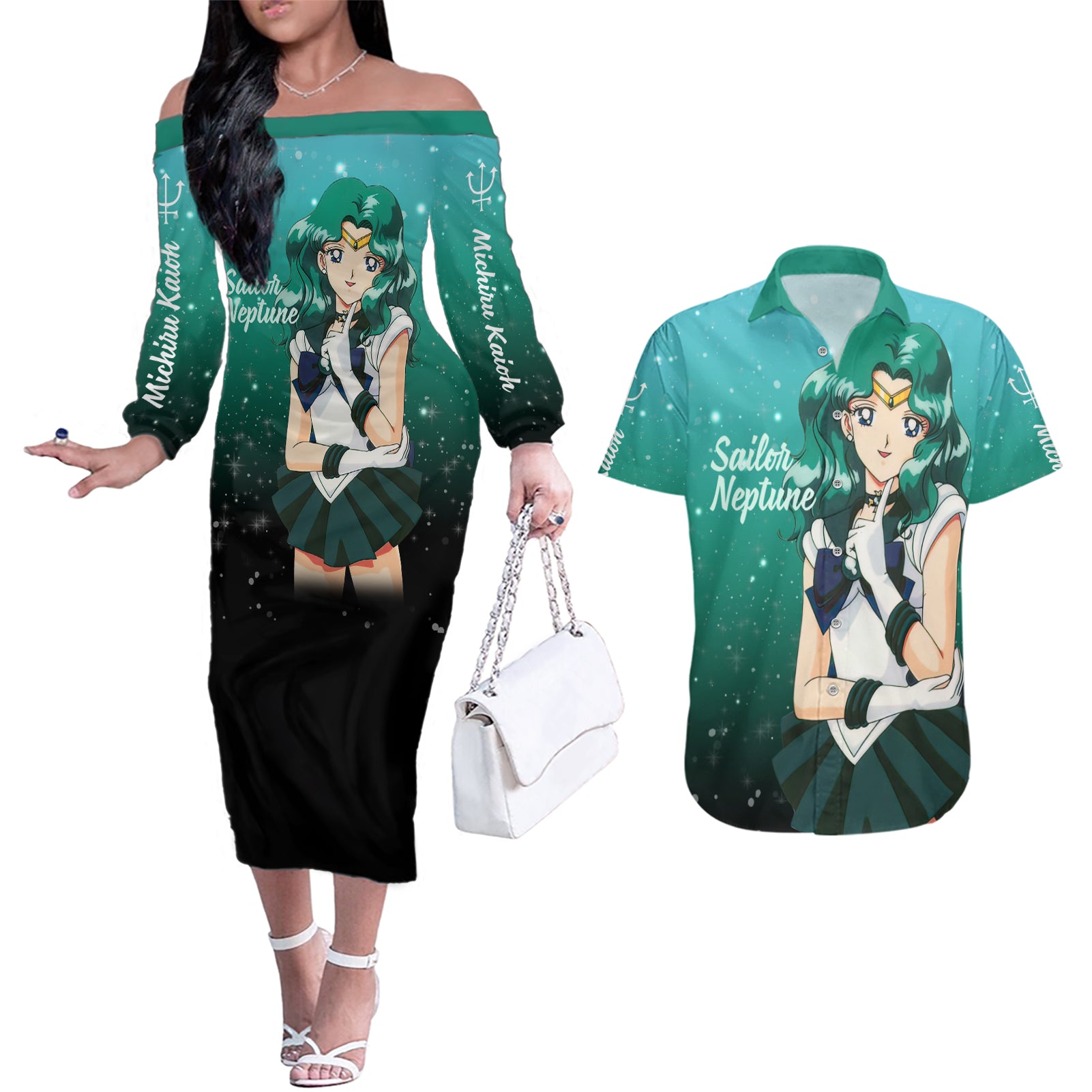 Michiru Kaioh Couples Matching Off The Shoulder Long Sleeve Dress and Hawaiian Shirt Sailor Neptune Sailor Moon Anime