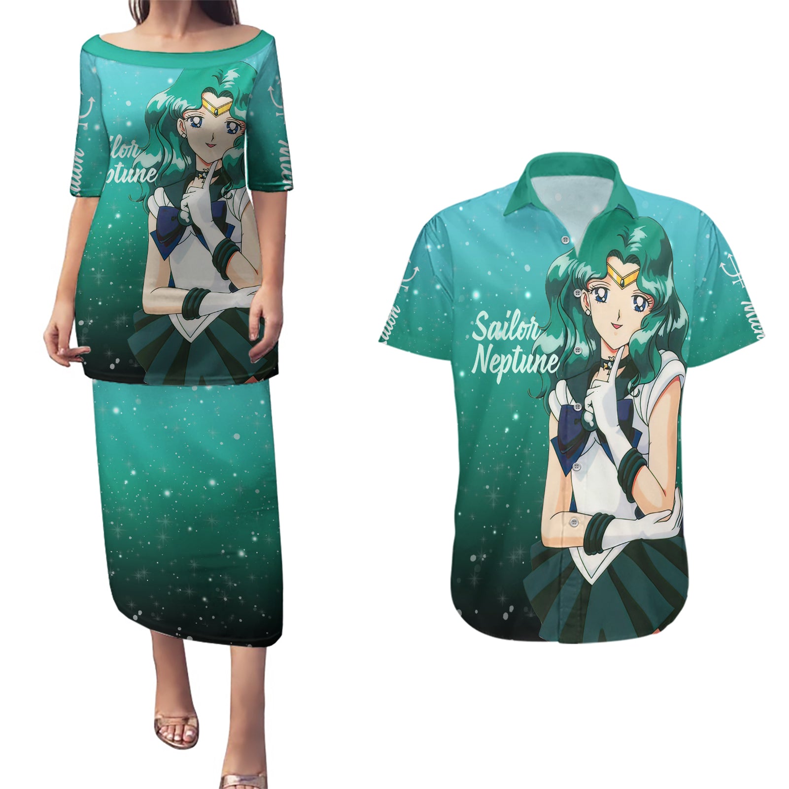 Michiru Kaioh Couples Matching Puletasi and Hawaiian Shirt Sailor Neptune Sailor Moon Anime