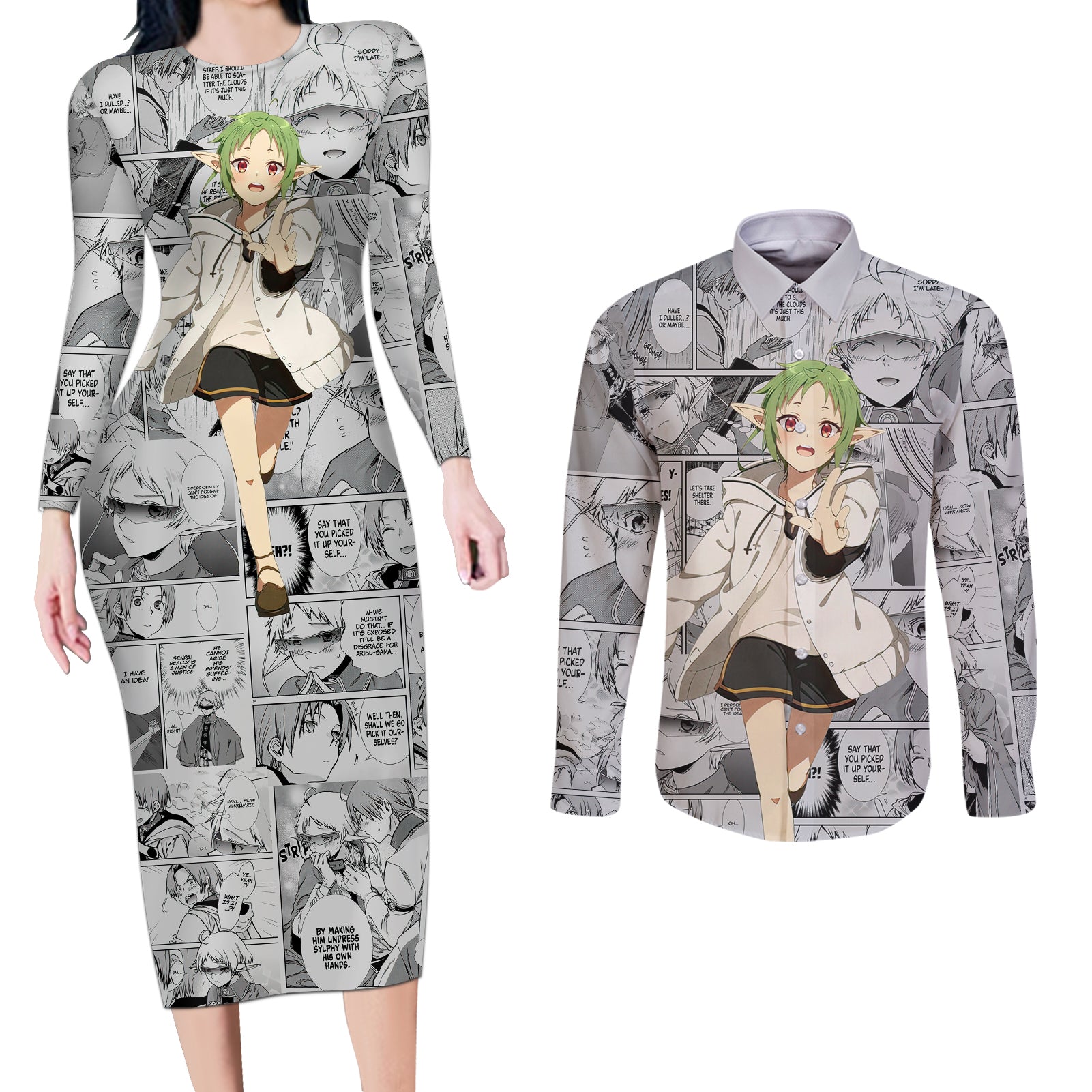 Sylphiette Mushoku Tensei Couples Matching Long Sleeve Bodycon Dress and Long Sleeve Button Shirt Manga Mix Anime