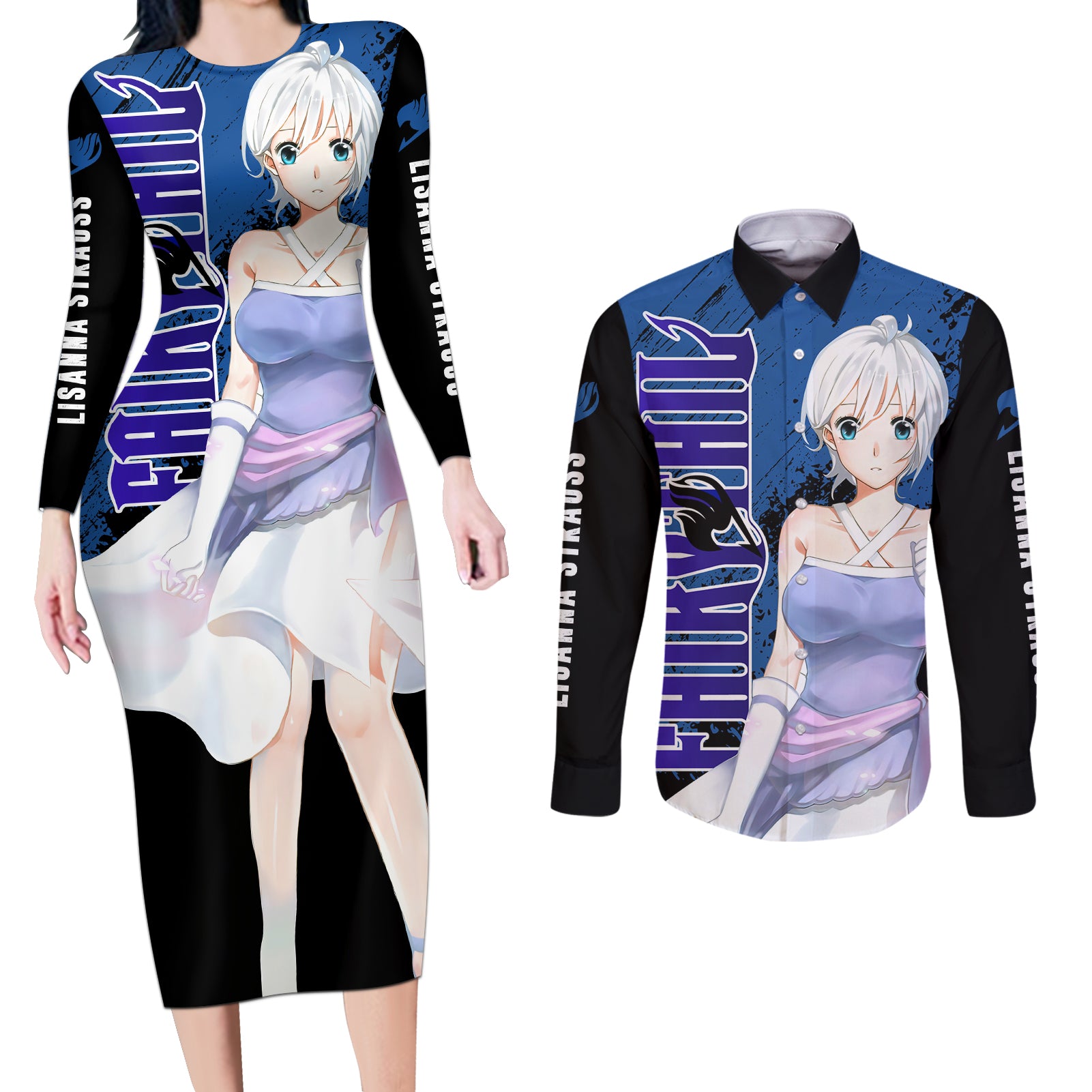 Lisanna Strauss Couples Matching Long Sleeve Bodycon Dress and Long Sleeve Button Shirt Fairy Tail