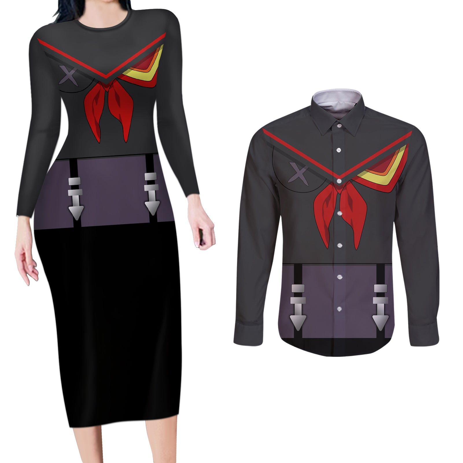 Ryuko Matoi Couples Matching Long Sleeve Bodycon Dress and Long Sleeve Button Shirt Kill la Kill