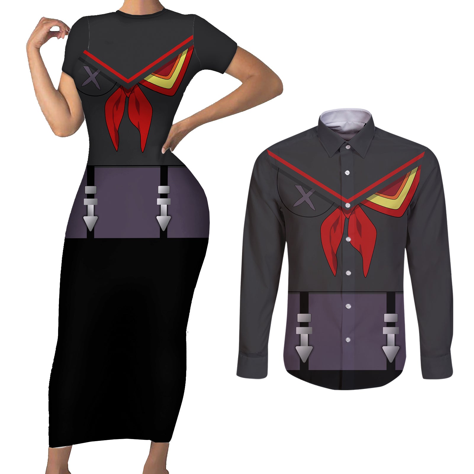 Ryuko Matoi Couples Matching Short Sleeve Bodycon Dress and Long Sleeve Button Shirt Kill la Kill