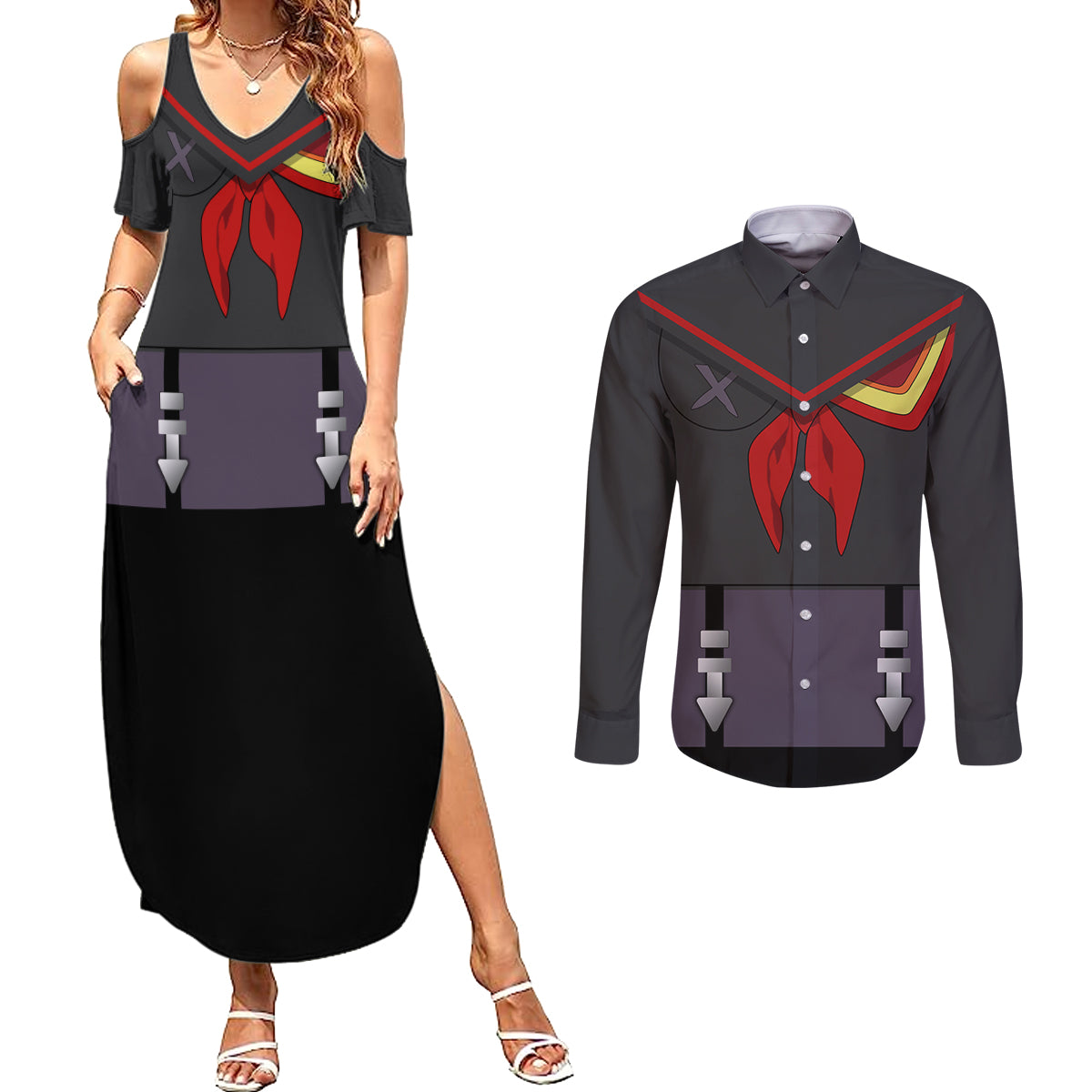 Ryuko Matoi Couples Matching Summer Maxi Dress and Long Sleeve Button Shirt Kill la Kill