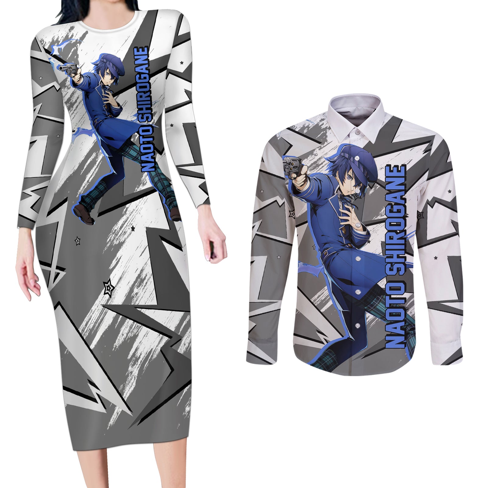 Naoto Shirogane Persona Couples Matching Long Sleeve Bodycon Dress and Long Sleeve Button Shirt Anime Mix Polygon Cyber Style