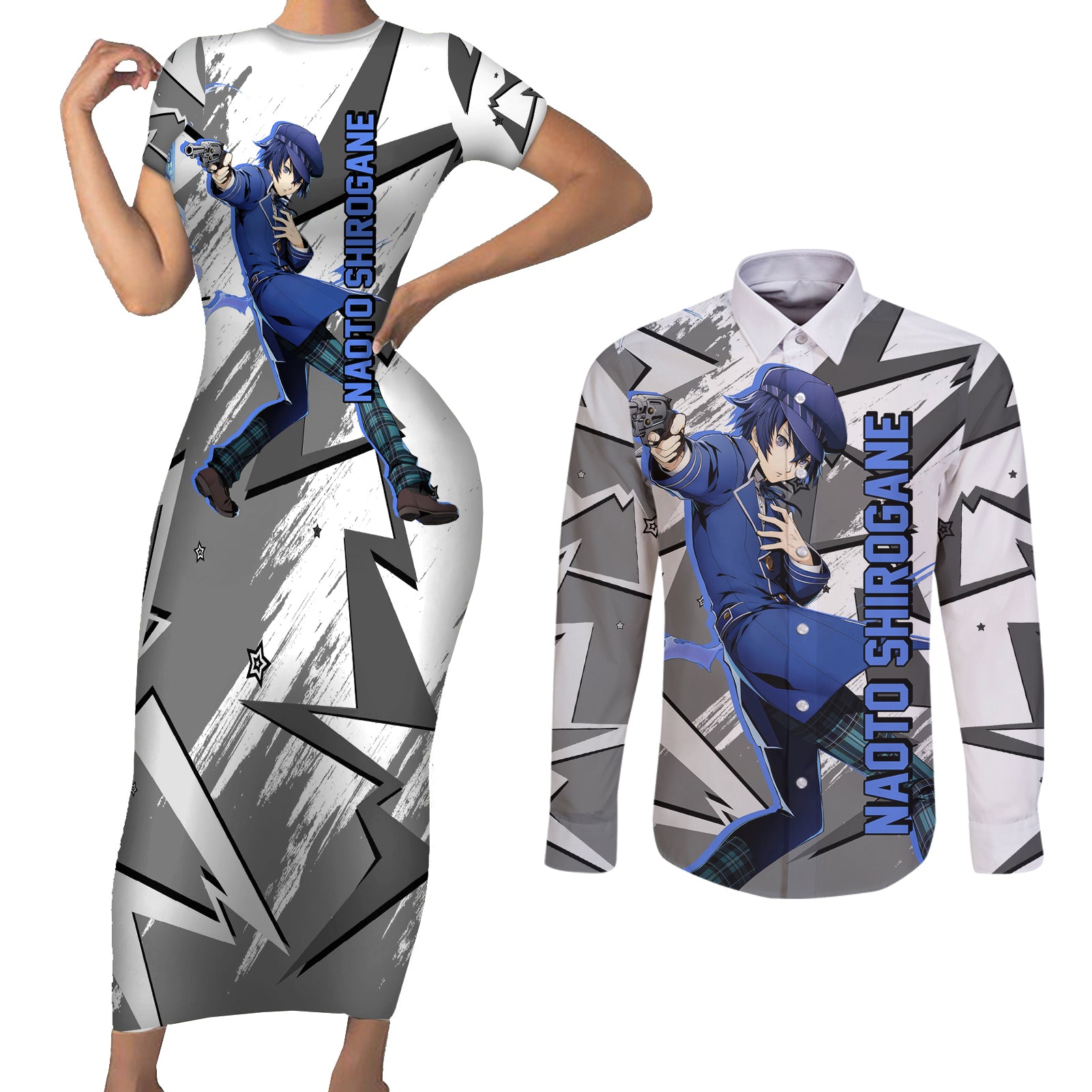 Naoto Shirogane Persona Couples Matching Short Sleeve Bodycon Dress and Long Sleeve Button Shirt Anime Mix Polygon Cyber Style