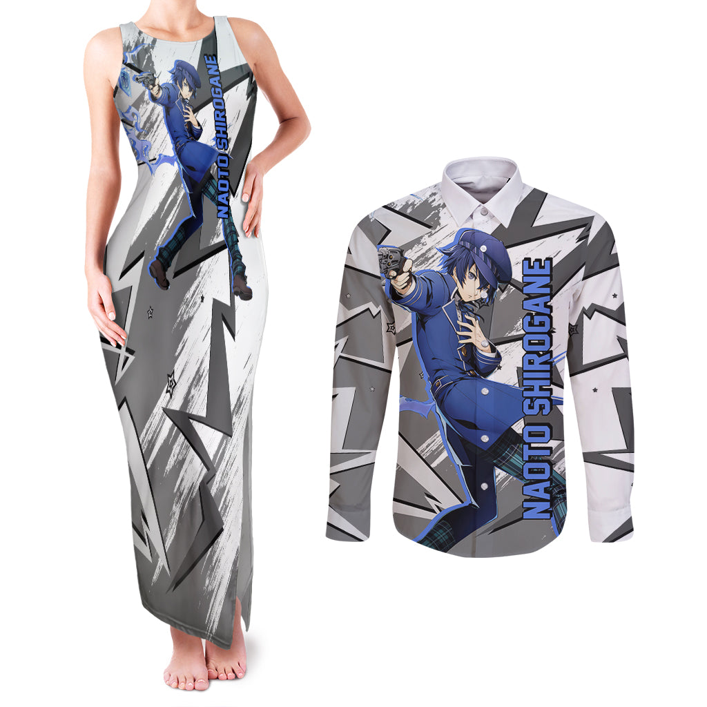 Naoto Shirogane Persona Couples Matching Tank Maxi Dress and Long Sleeve Button Shirt Anime Mix Polygon Cyber Style