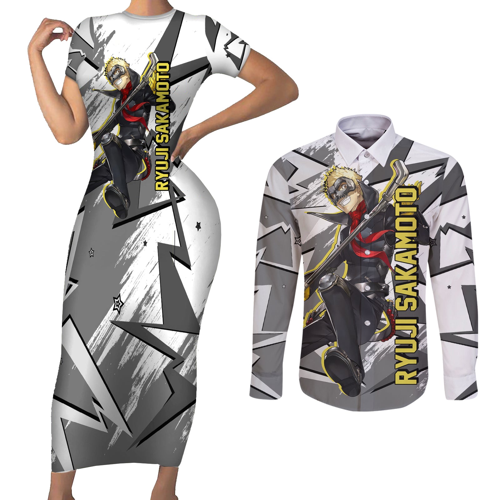 Ryuji Sakamoto Persona Couples Matching Short Sleeve Bodycon Dress and Long Sleeve Button Shirt Anime Mix Polygon Cyber Style