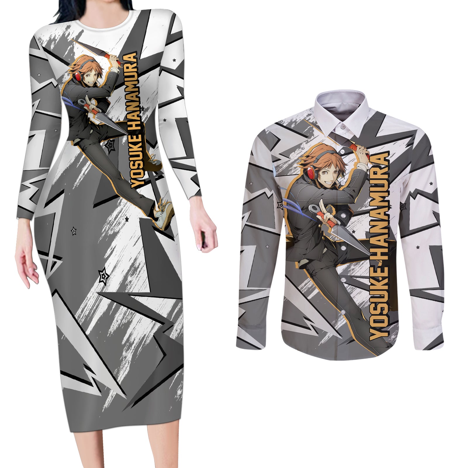 Yosuke Hanamura Persona Couples Matching Long Sleeve Bodycon Dress and Long Sleeve Button Shirt Anime Mix Polygon Cyber Style