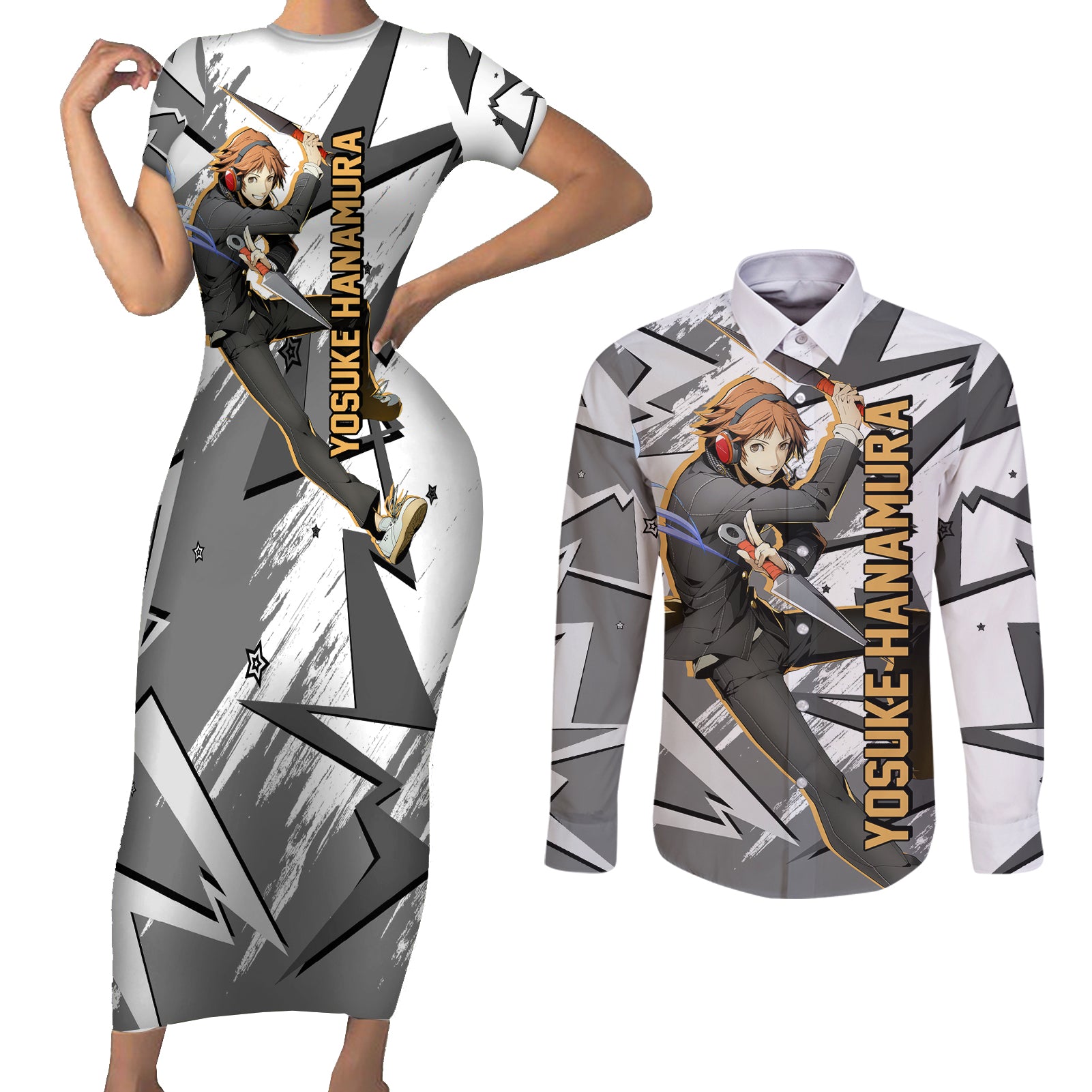 Yosuke Hanamura Persona Couples Matching Short Sleeve Bodycon Dress and Long Sleeve Button Shirt Anime Mix Polygon Cyber Style