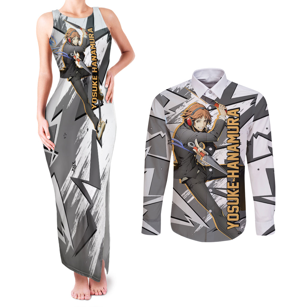 Yosuke Hanamura Persona Couples Matching Tank Maxi Dress and Long Sleeve Button Shirt Anime Mix Polygon Cyber Style