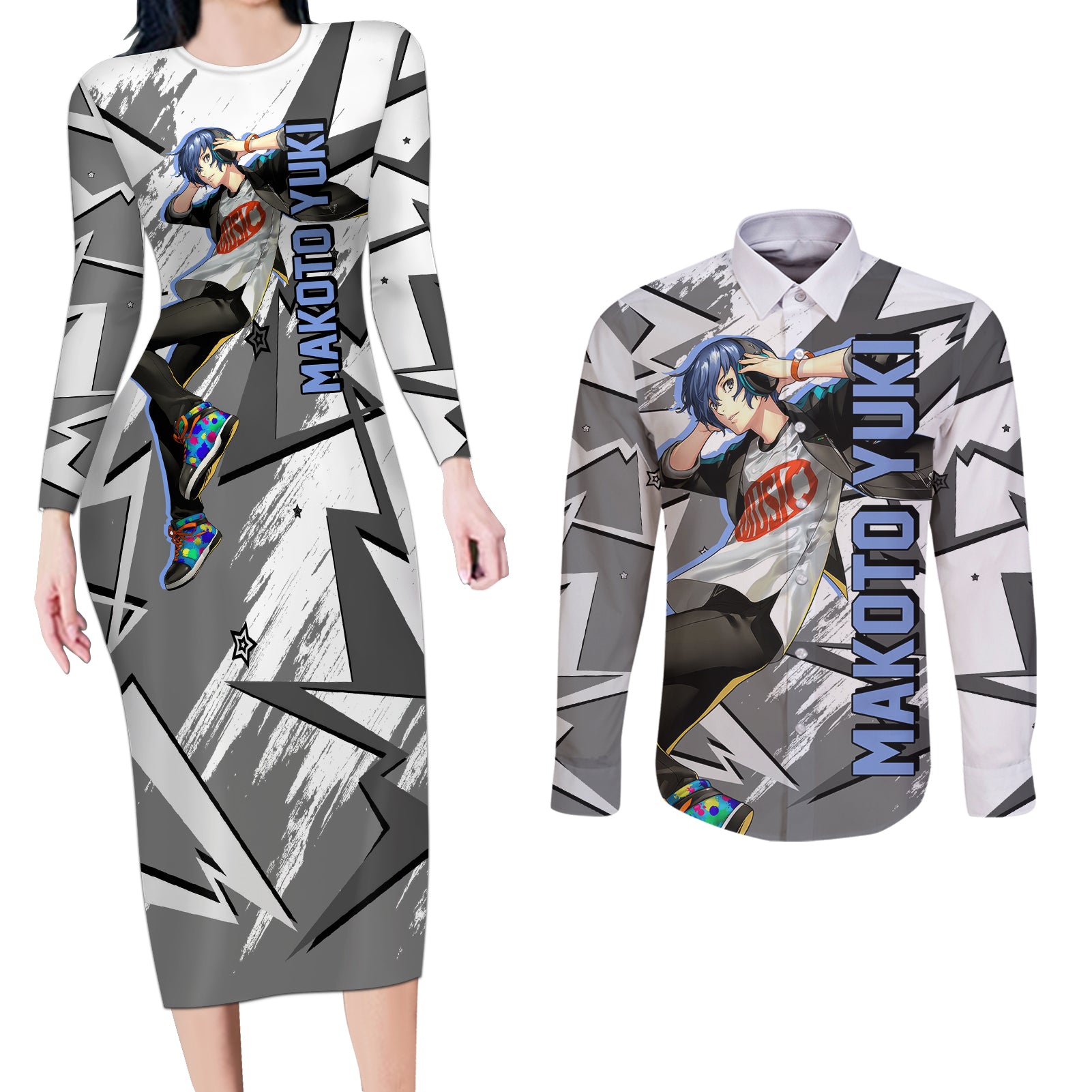 Makoto Yuki Couples Matching Long Sleeve Bodycon Dress and Long Sleeve Button Shirt Anime Mix Polygon Cyber Style