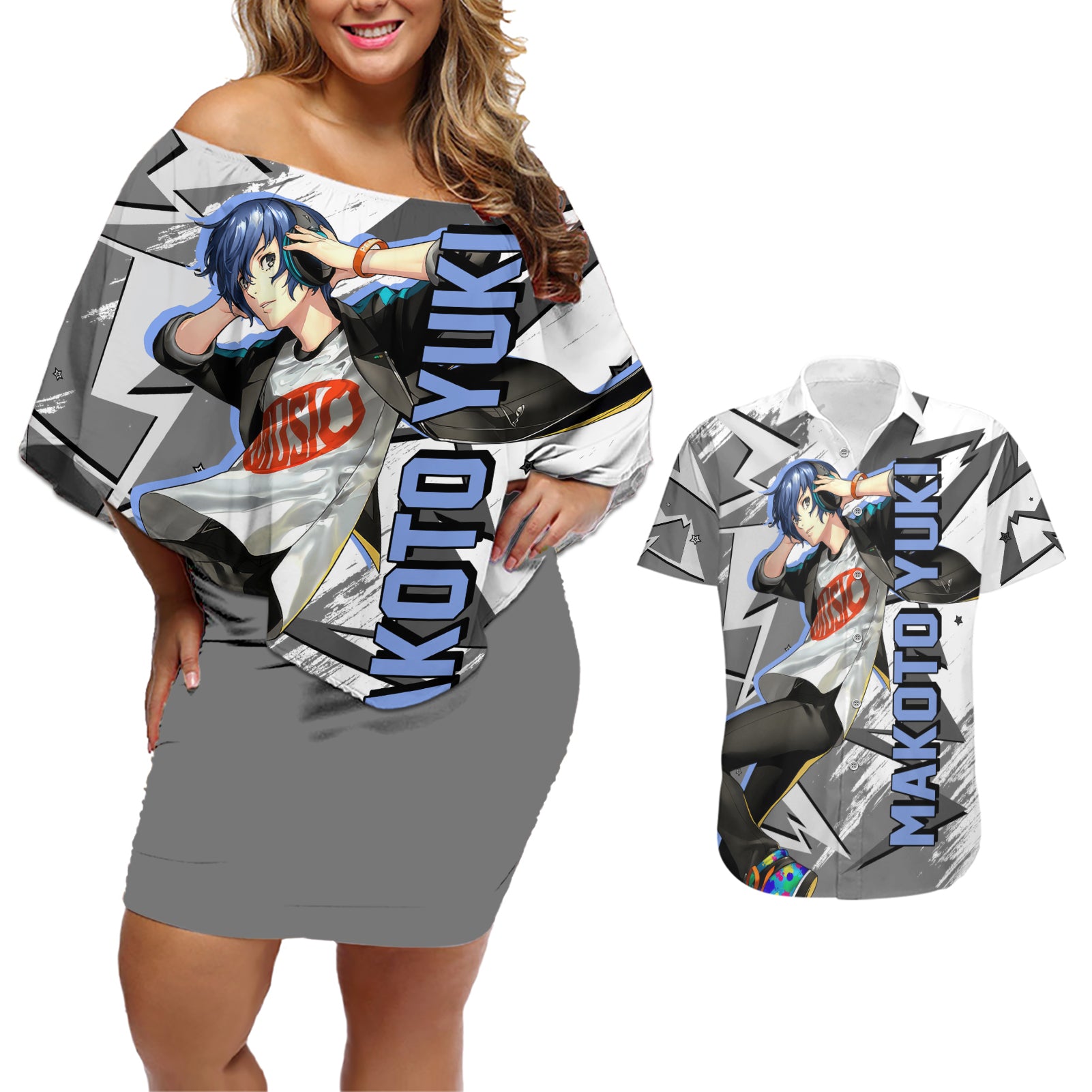 Makoto Yuki Couples Matching Off Shoulder Short Dress and Hawaiian Shirt Anime Mix Polygon Cyber Style