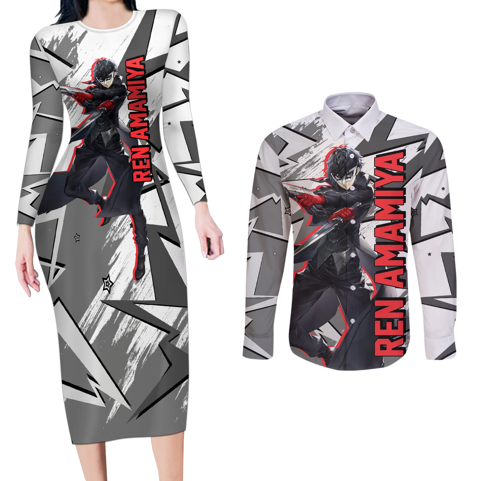 Joker Persona Couples Matching Long Sleeve Bodycon Dress and Long Sleeve Button Shirt Anime Mix Polygon Cyber Style