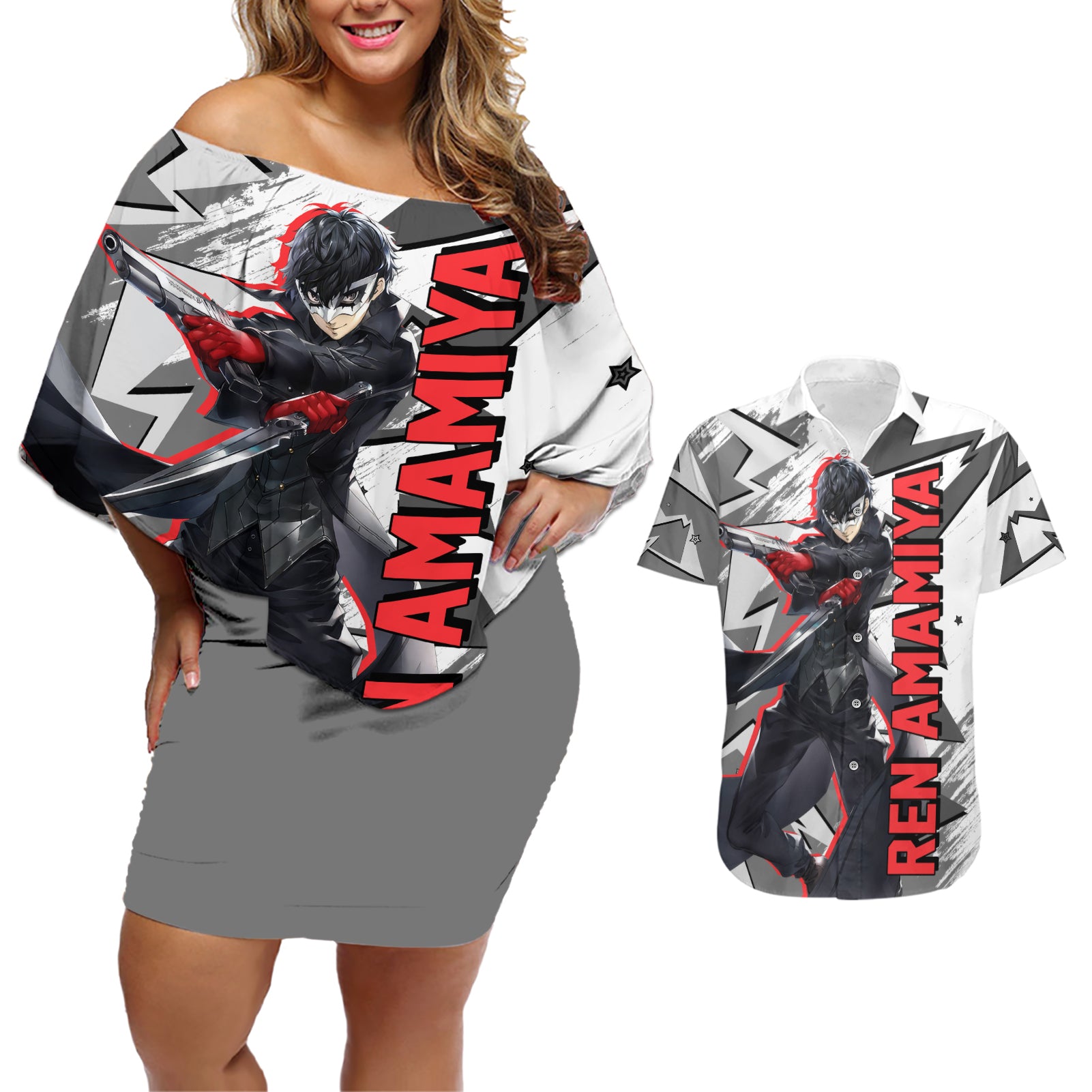 Joker Persona Couples Matching Off Shoulder Short Dress and Hawaiian Shirt Anime Mix Polygon Cyber Style