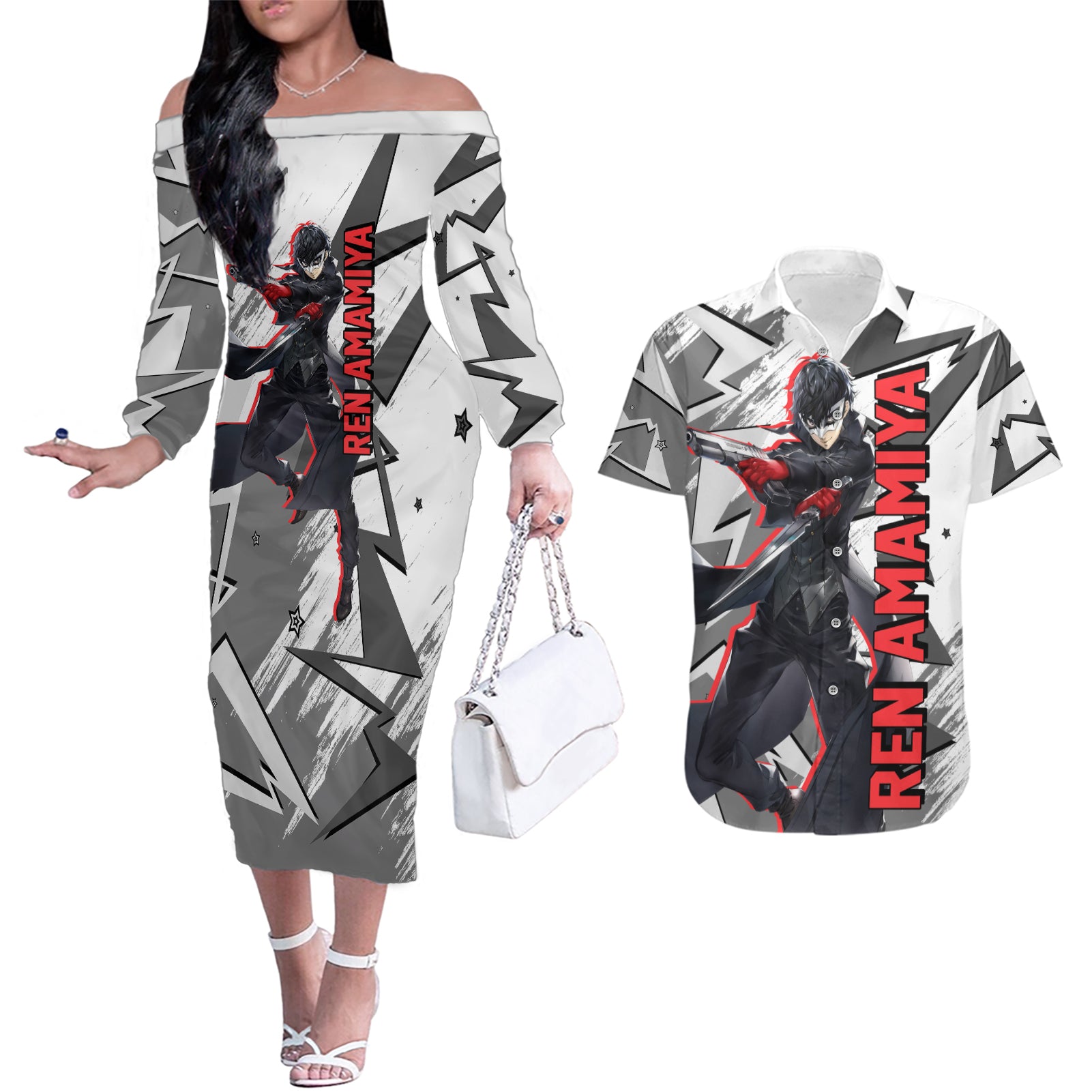 Joker Persona Couples Matching Off The Shoulder Long Sleeve Dress and Hawaiian Shirt Anime Mix Polygon Cyber Style