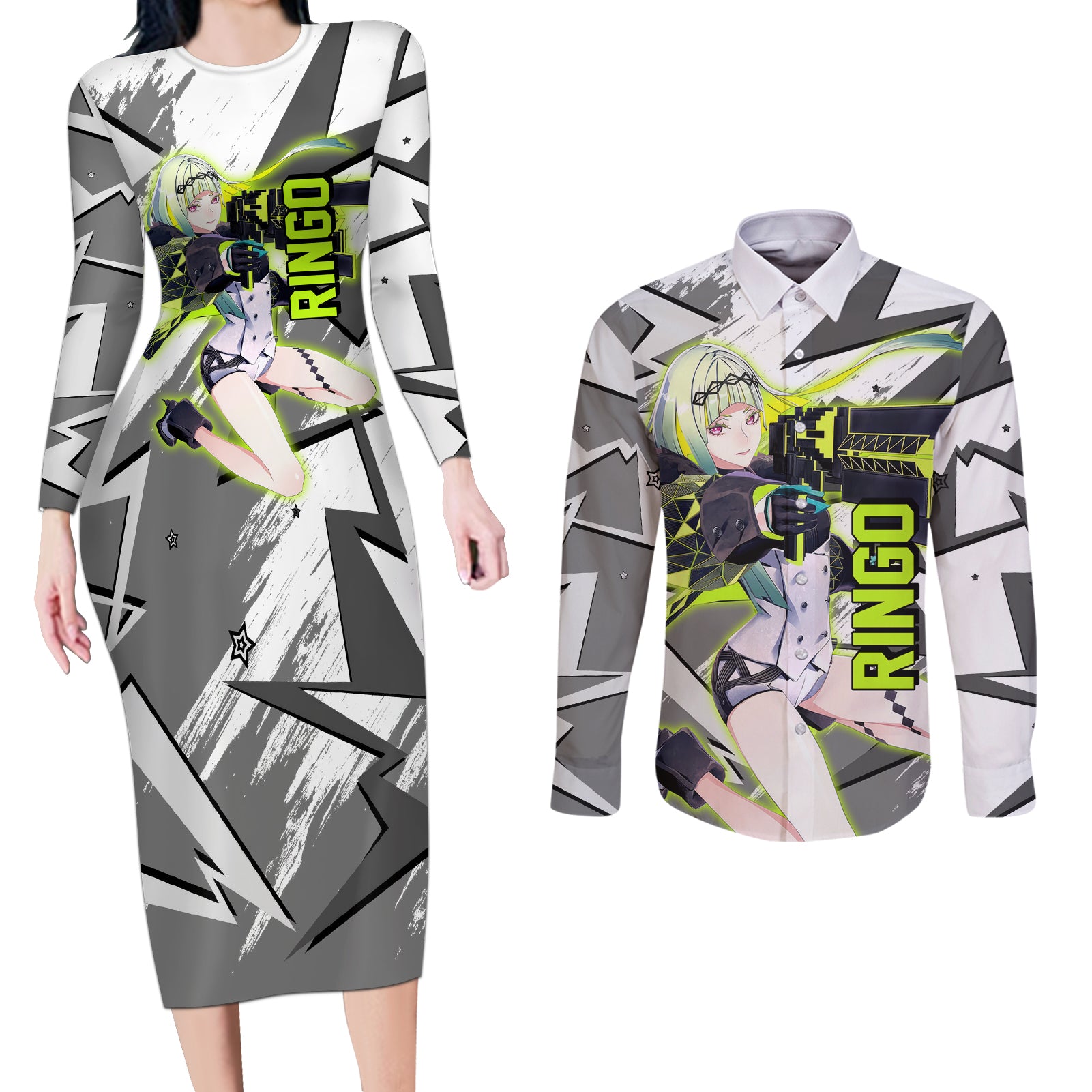 Ringo Persona Couples Matching Long Sleeve Bodycon Dress and Long Sleeve Button Shirt Anime Mix Polygon Cyber Style