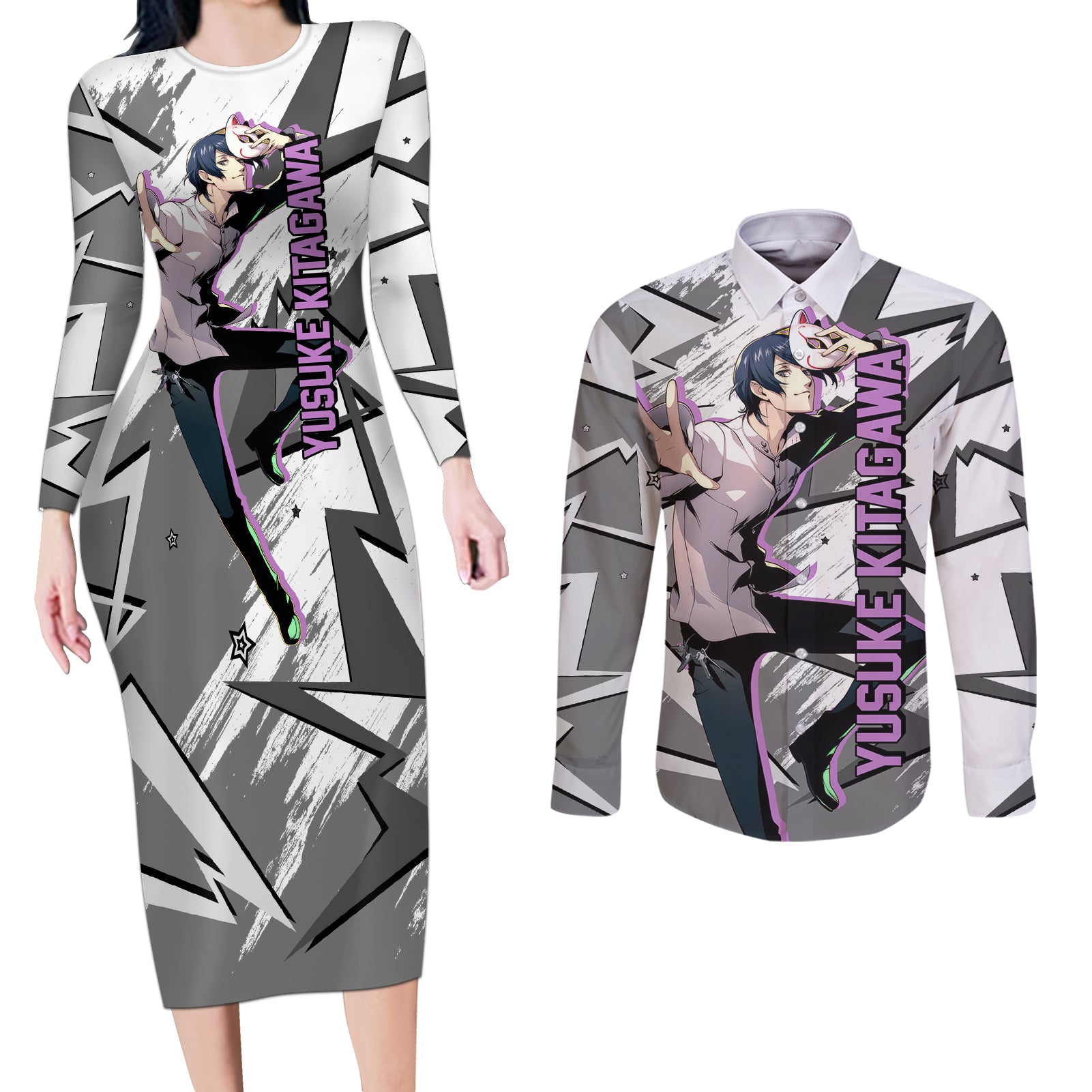 Yusuke Kitagawa Persona Couples Matching Long Sleeve Bodycon Dress and Long Sleeve Button Shirt Anime Mix Polygon Cyber Style