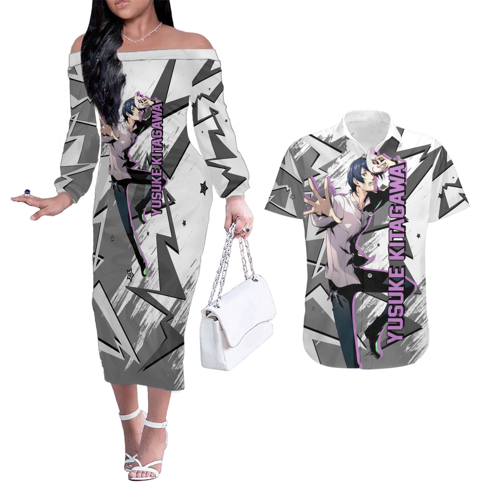 Yusuke Kitagawa Persona Couples Matching Off The Shoulder Long Sleeve Dress and Hawaiian Shirt Anime Mix Polygon Cyber Style