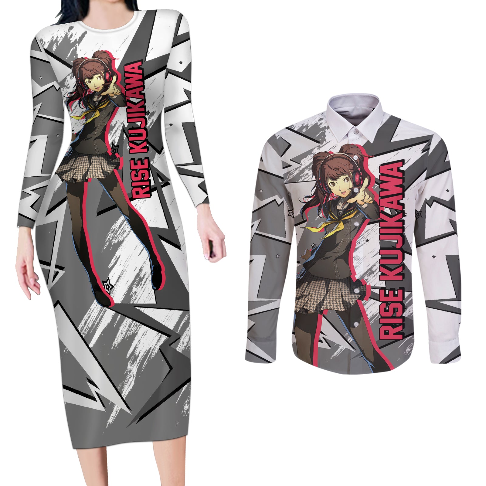 Rise Kujikawa Persona Couples Matching Long Sleeve Bodycon Dress and Long Sleeve Button Shirt Anime Mix Polygon Cyber Style