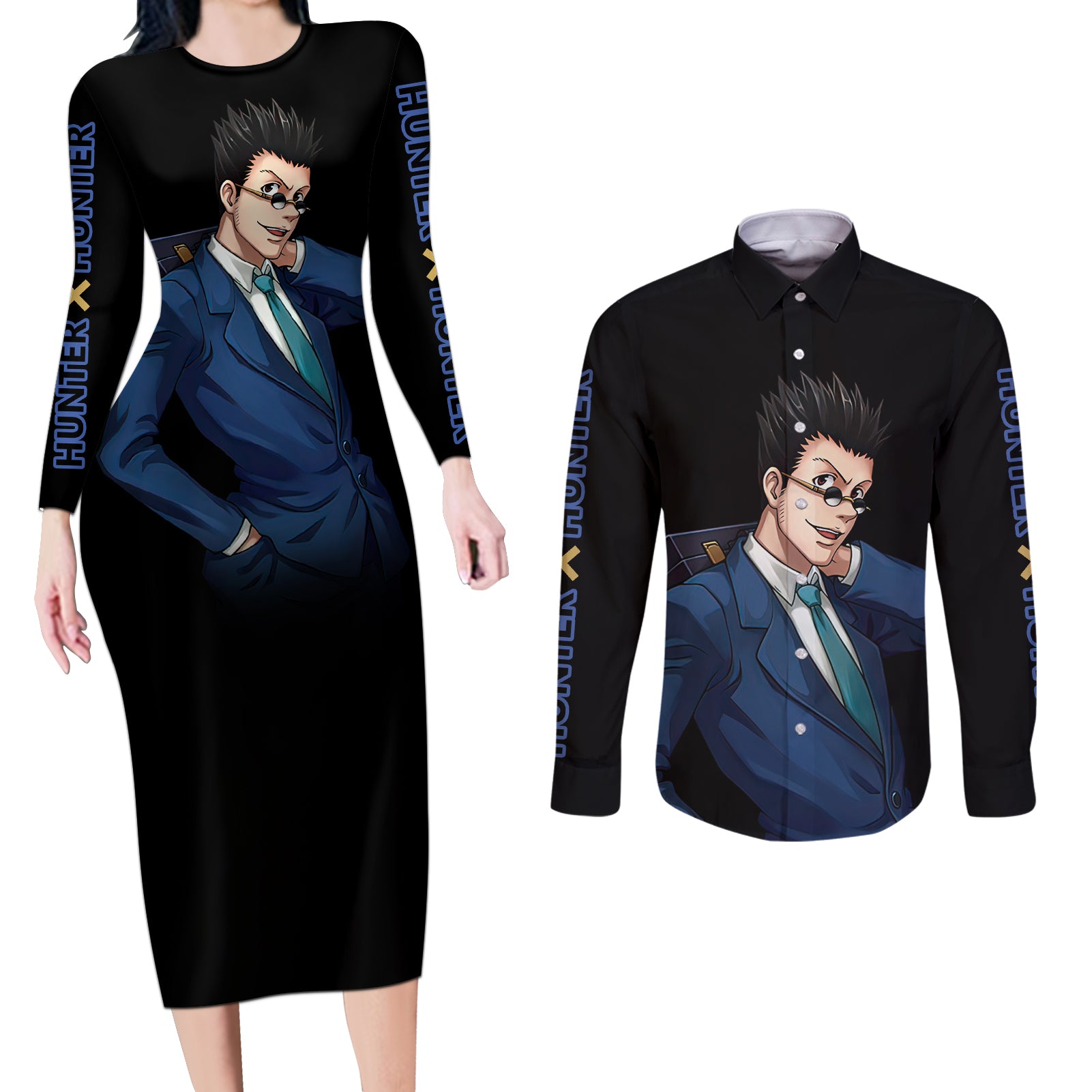 Leorio Paladinight Couples Matching Long Sleeve Bodycon Dress and Long Sleeve Button Shirt Hunter X Hunter