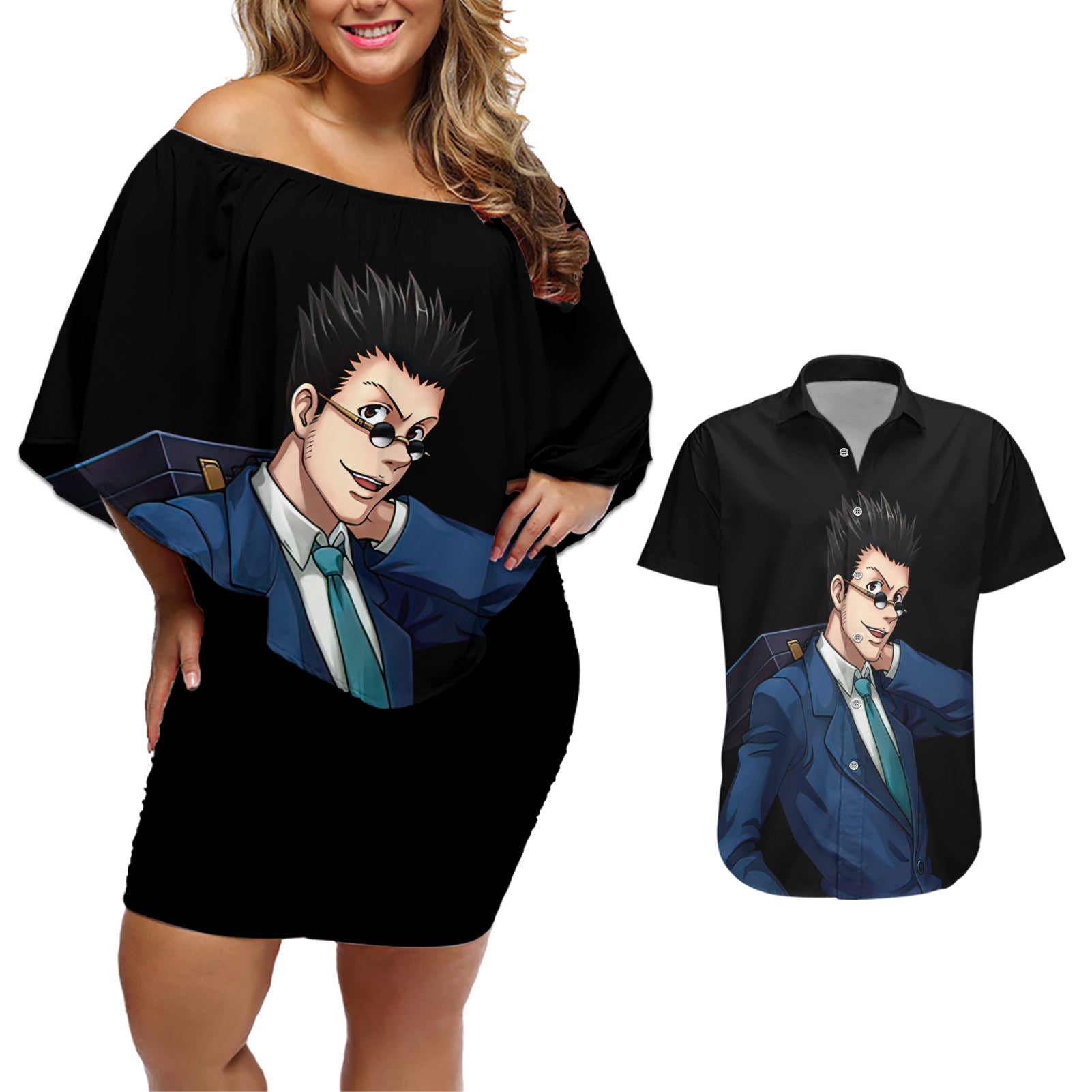 Leorio Paladinight Couples Matching Off Shoulder Short Dress and Hawaiian Shirt Hunter X Hunter