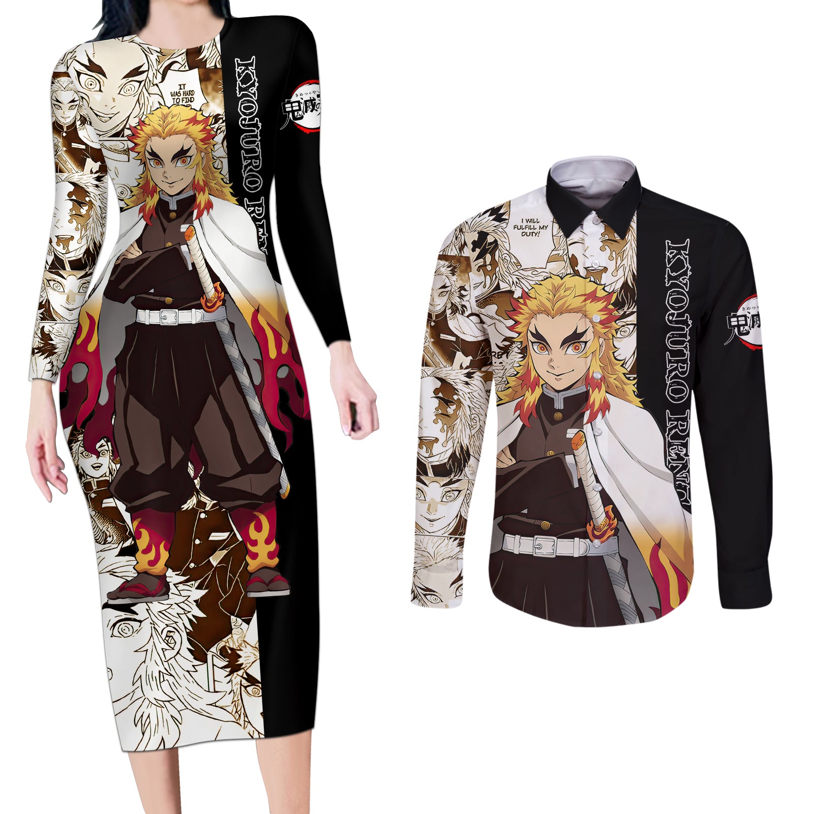 Kyojuro Rengoku Couples Matching Long Sleeve Bodycon Dress and Long Sleeve Button Shirt Demon Slayer