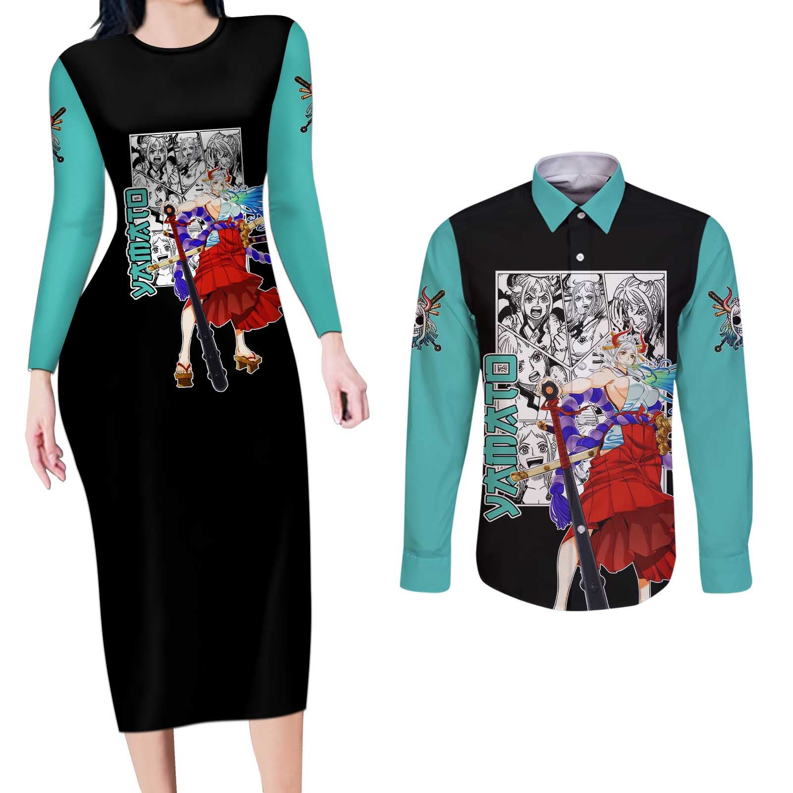 Yamato - One Piece Couples Matching Long Sleeve Bodycon Dress and Long Sleeve Button Shirt Anime Mix Manga Style