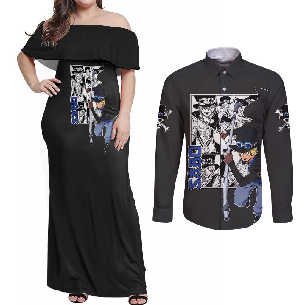 Sabo - One Piece Couples Matching Off Shoulder Maxi Dress and Long Sleeve Button Shirt Anime Mix Manga Style