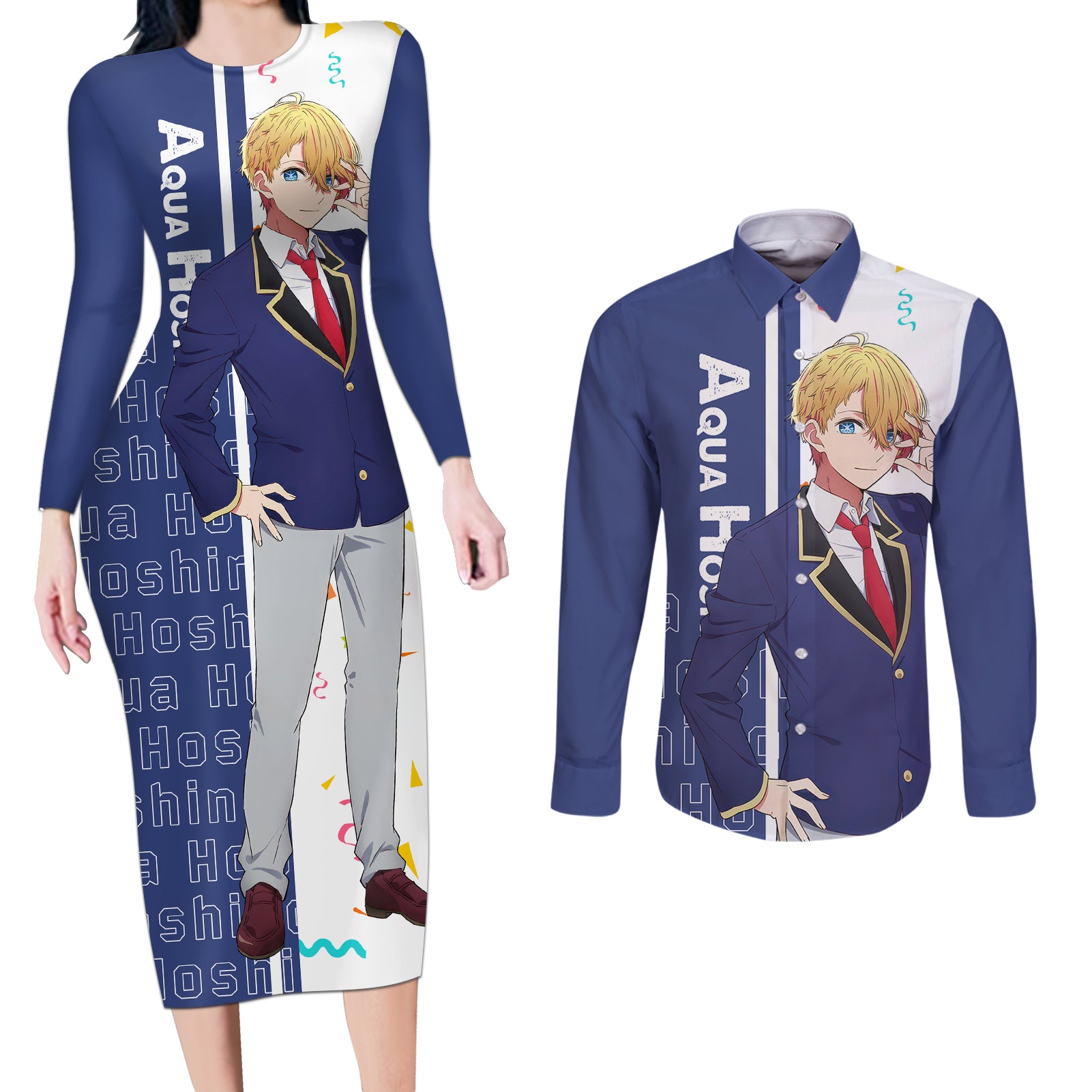 Aquamarine Hoshino - Oshi no Ko Couples Matching Long Sleeve Bodycon Dress and Long Sleeve Button Shirt Anime Style