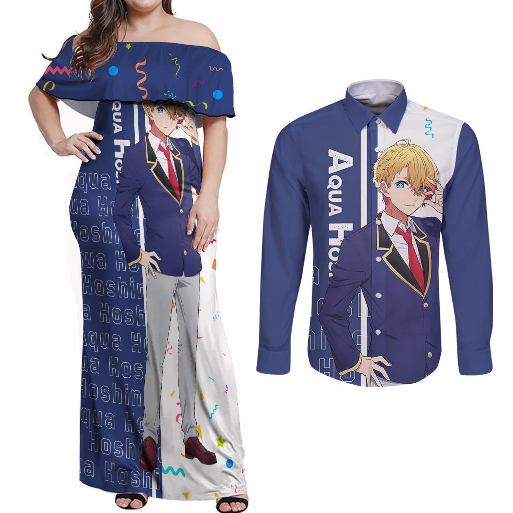 Aquamarine Hoshino - Oshi no Ko Couples Matching Off Shoulder Maxi Dress and Long Sleeve Button Shirt Anime Style