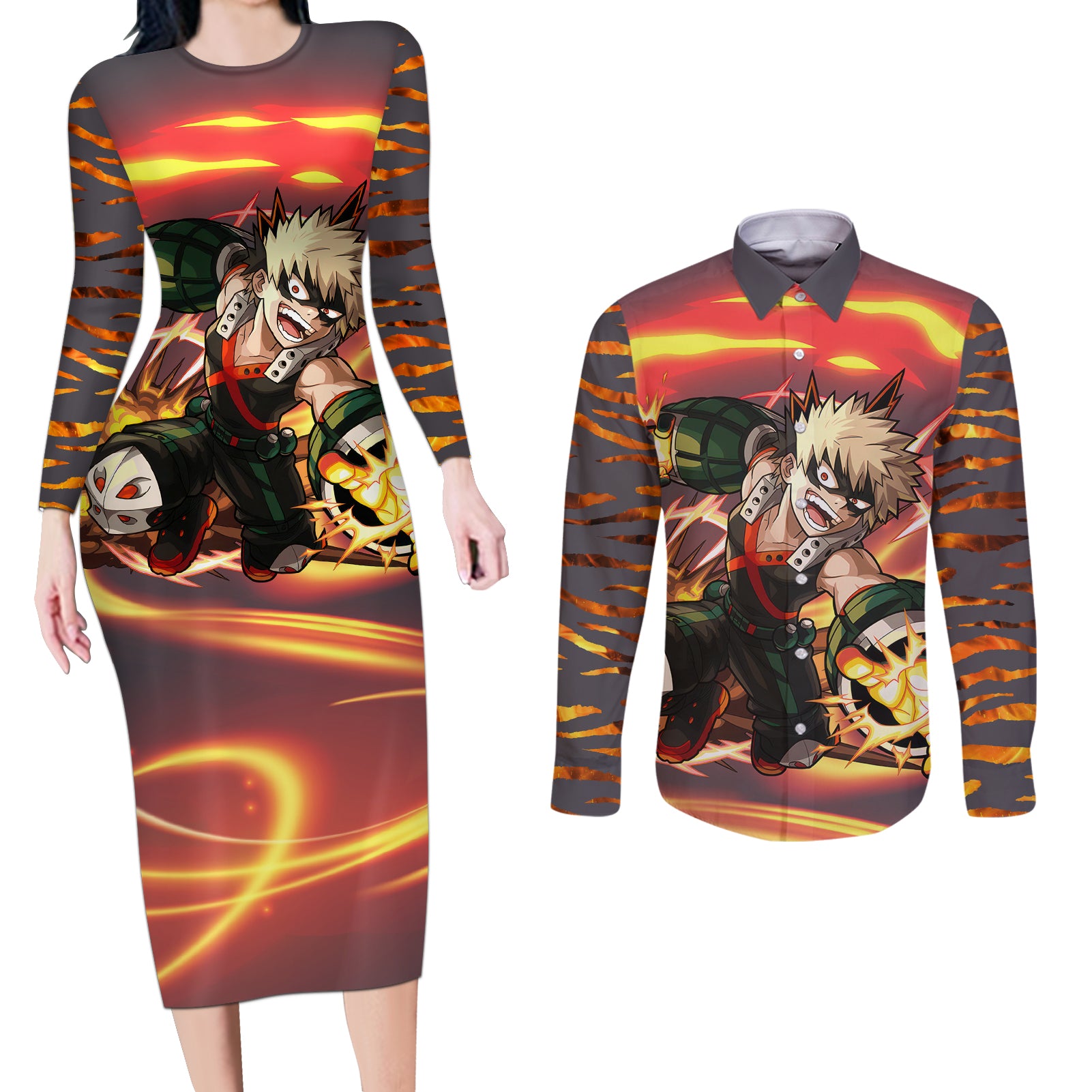 Katsuki Bakugo - My Hero Academia Couples Matching Long Sleeve Bodycon Dress and Long Sleeve Button Shirt Dynamight Anime Style