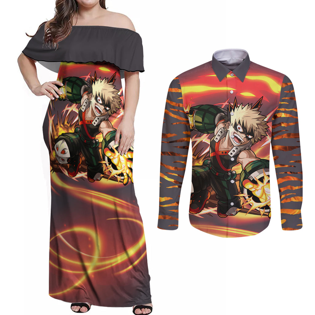 Katsuki Bakugo - My Hero Academia Couples Matching Off Shoulder Maxi Dress and Long Sleeve Button Shirt Dynamight Anime Style