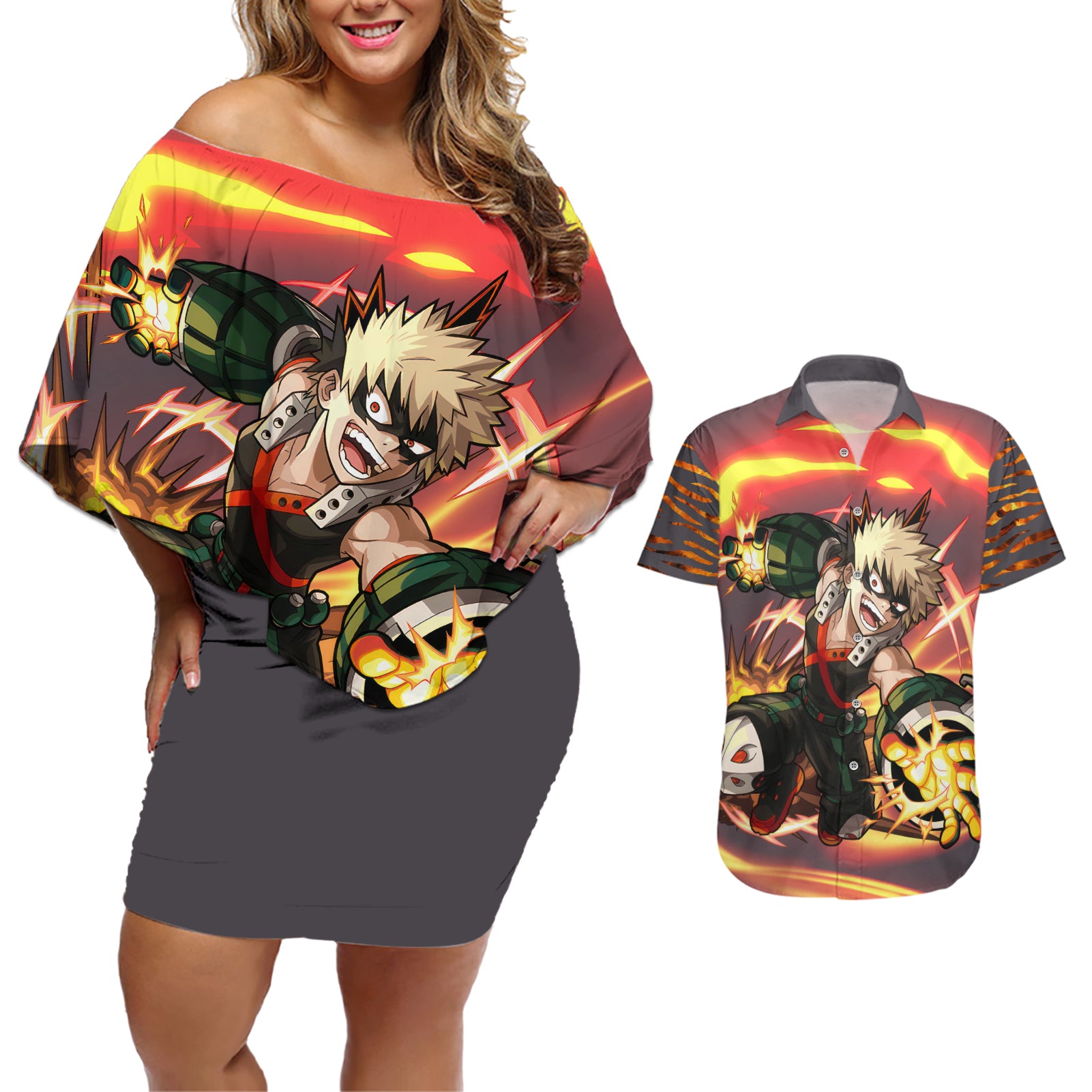 Katsuki Bakugo - My Hero Academia Couples Matching Off Shoulder Short Dress and Hawaiian Shirt Dynamight Anime Style