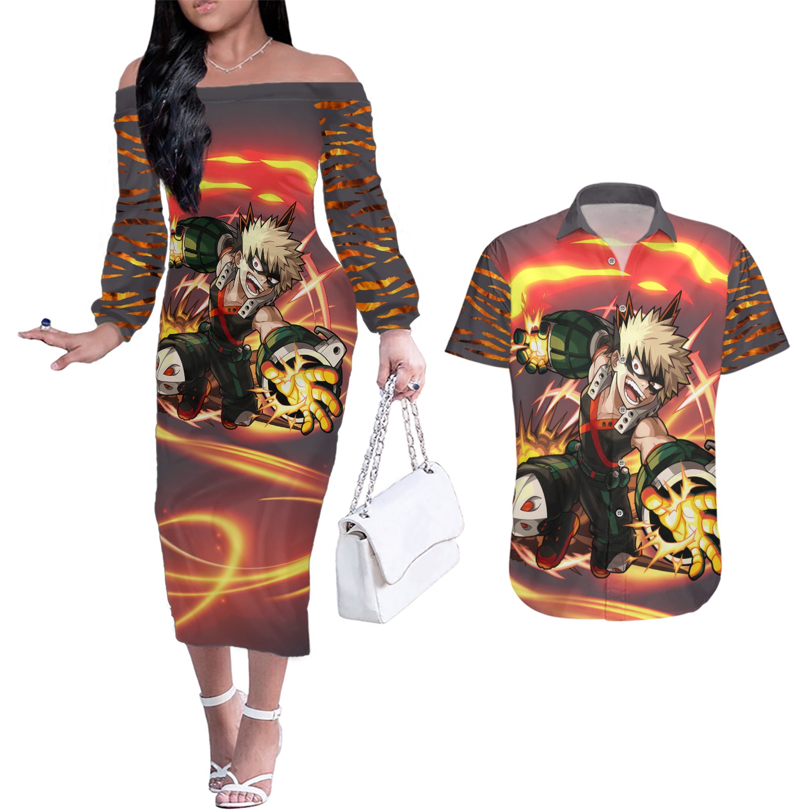 Katsuki Bakugo - My Hero Academia Couples Matching Off The Shoulder Long Sleeve Dress and Hawaiian Shirt Dynamight Anime Style