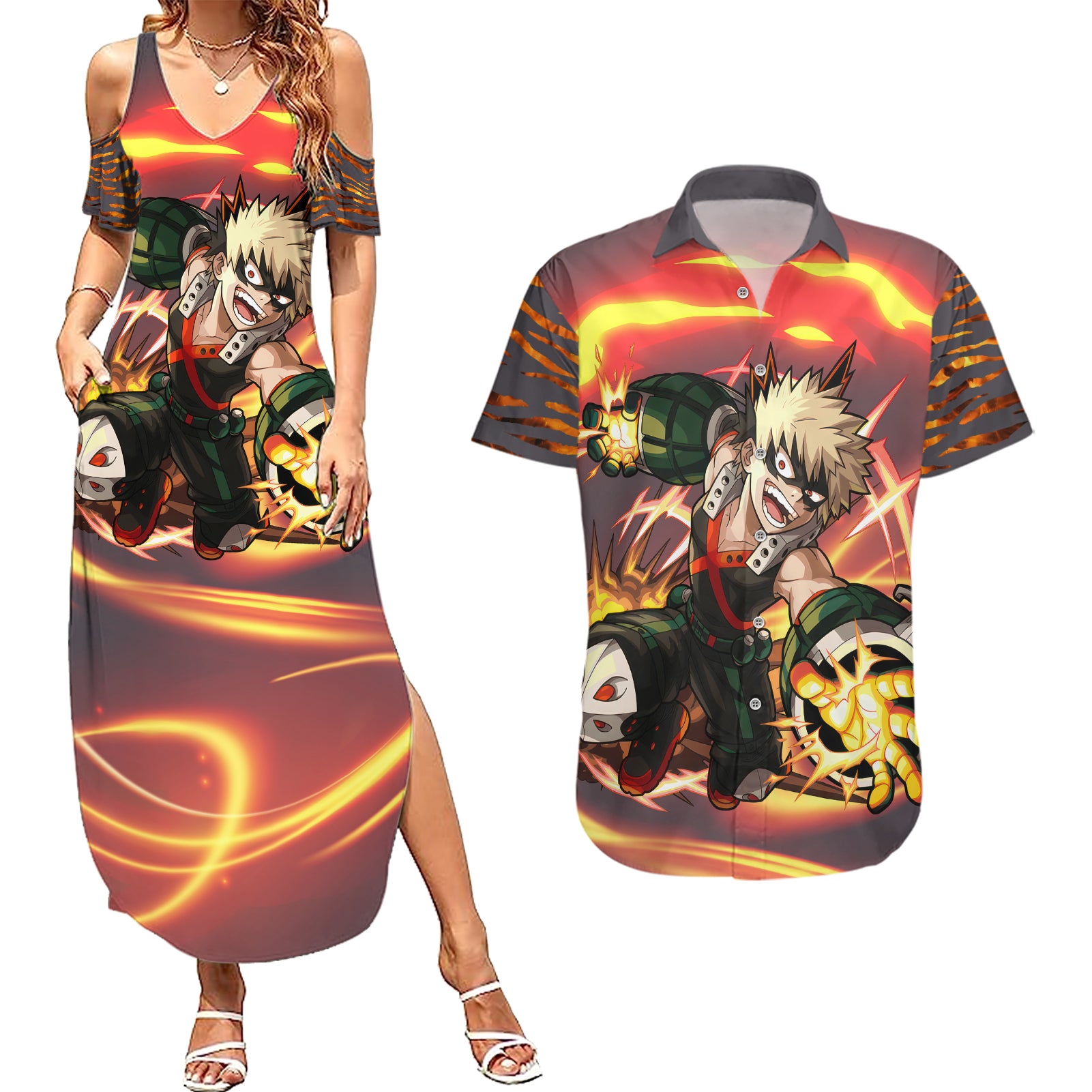 Katsuki Bakugo - My Hero Academia Couples Matching Summer Maxi Dress and Hawaiian Shirt Dynamight Anime Style