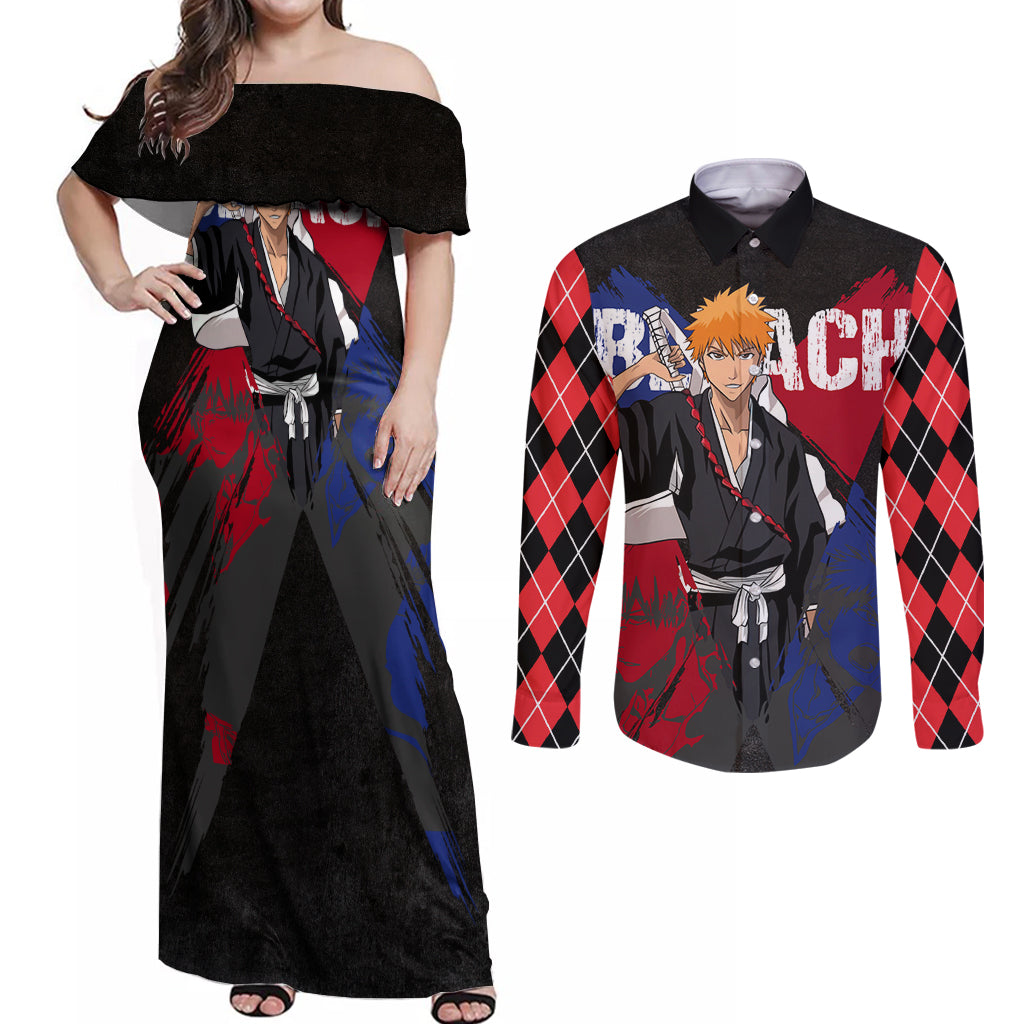 Ichigo Kurosaki Couples Matching Off Shoulder Maxi Dress and Long Sleeve Button Shirt Anime Style