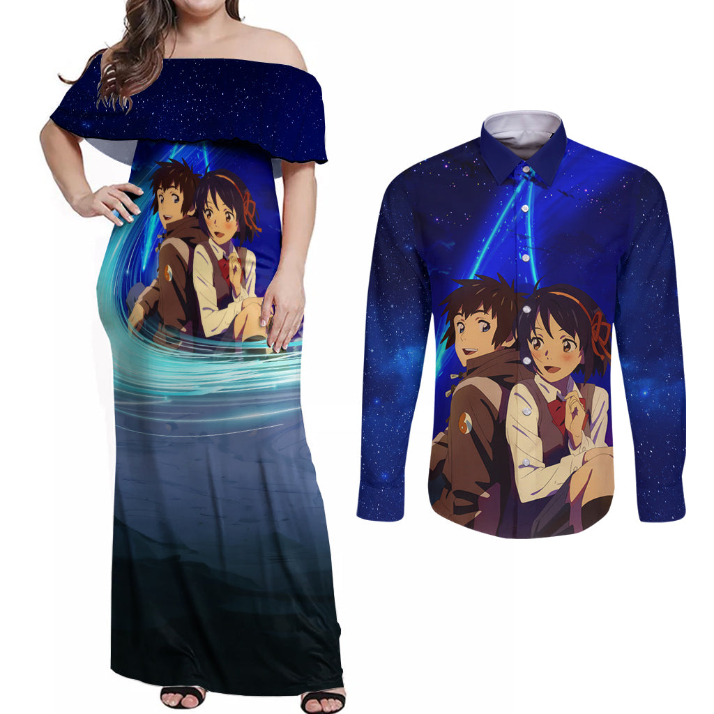 Your Name Movie Couples Matching Off Shoulder Maxi Dress and Long Sleeve Button Shirt Anime Mix Galaaxy Style