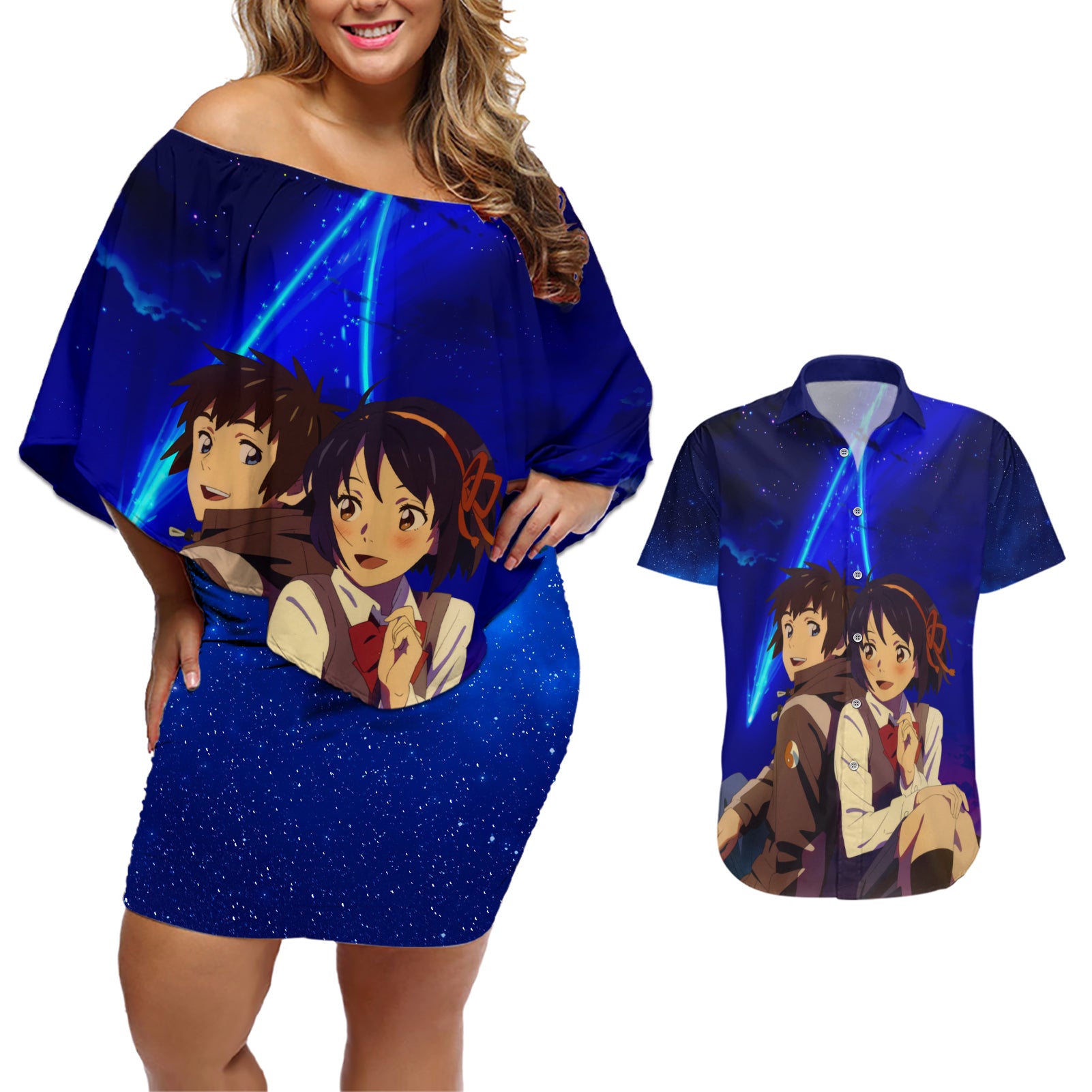 Your Name Movie Couples Matching Off Shoulder Short Dress and Hawaiian Shirt Anime Mix Galaaxy Style