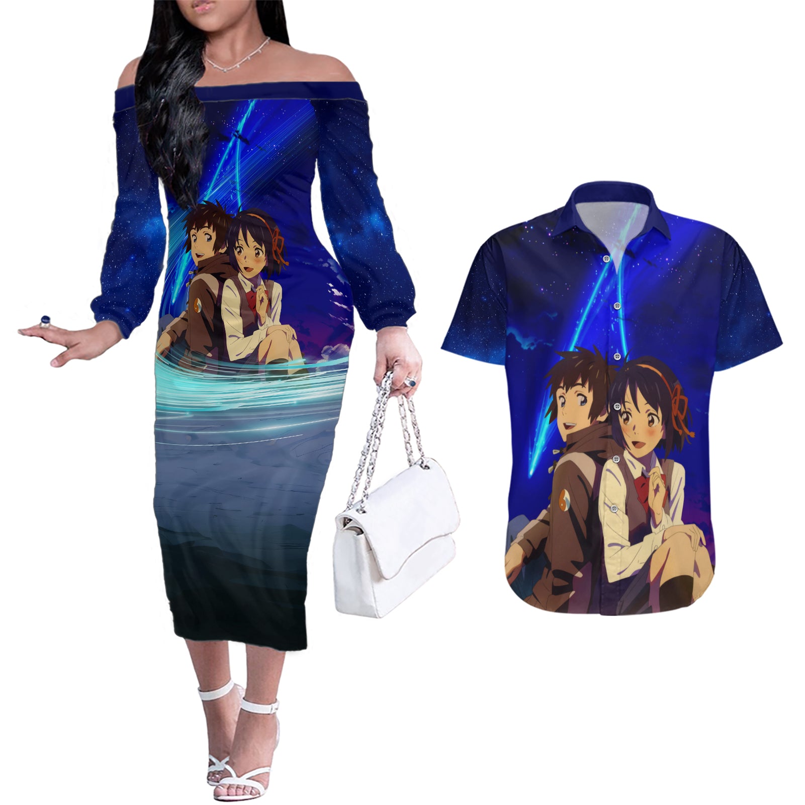 Your Name Movie Couples Matching Off The Shoulder Long Sleeve Dress and Hawaiian Shirt Anime Mix Galaaxy Style