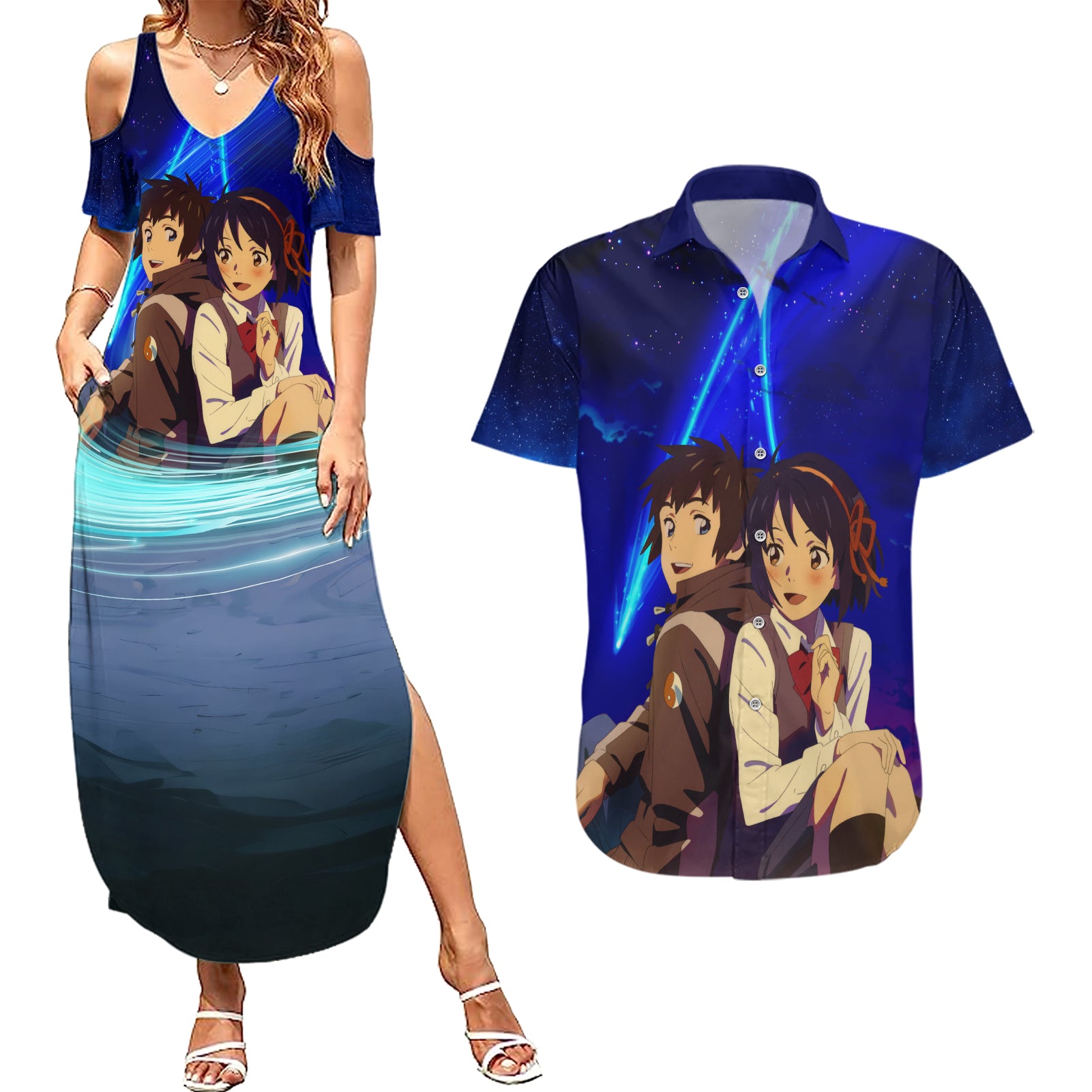 Your Name Movie Couples Matching Summer Maxi Dress and Hawaiian Shirt Anime Mix Galaaxy Style