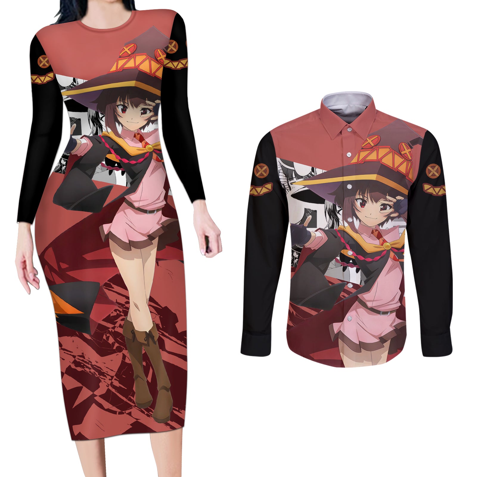 Megumin - KonoSuba Couples Matching Long Sleeve Bodycon Dress and Long Sleeve Button Shirt Anime Style