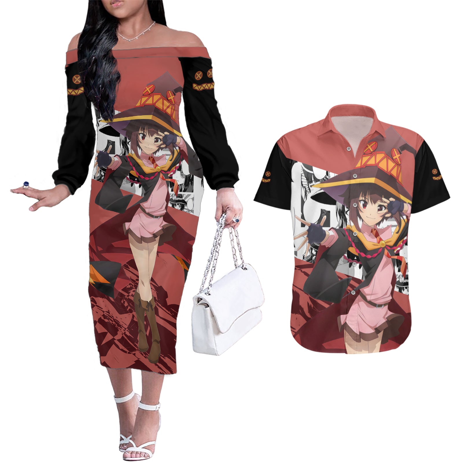 Megumin - KonoSuba Couples Matching Off The Shoulder Long Sleeve Dress and Hawaiian Shirt Anime Style