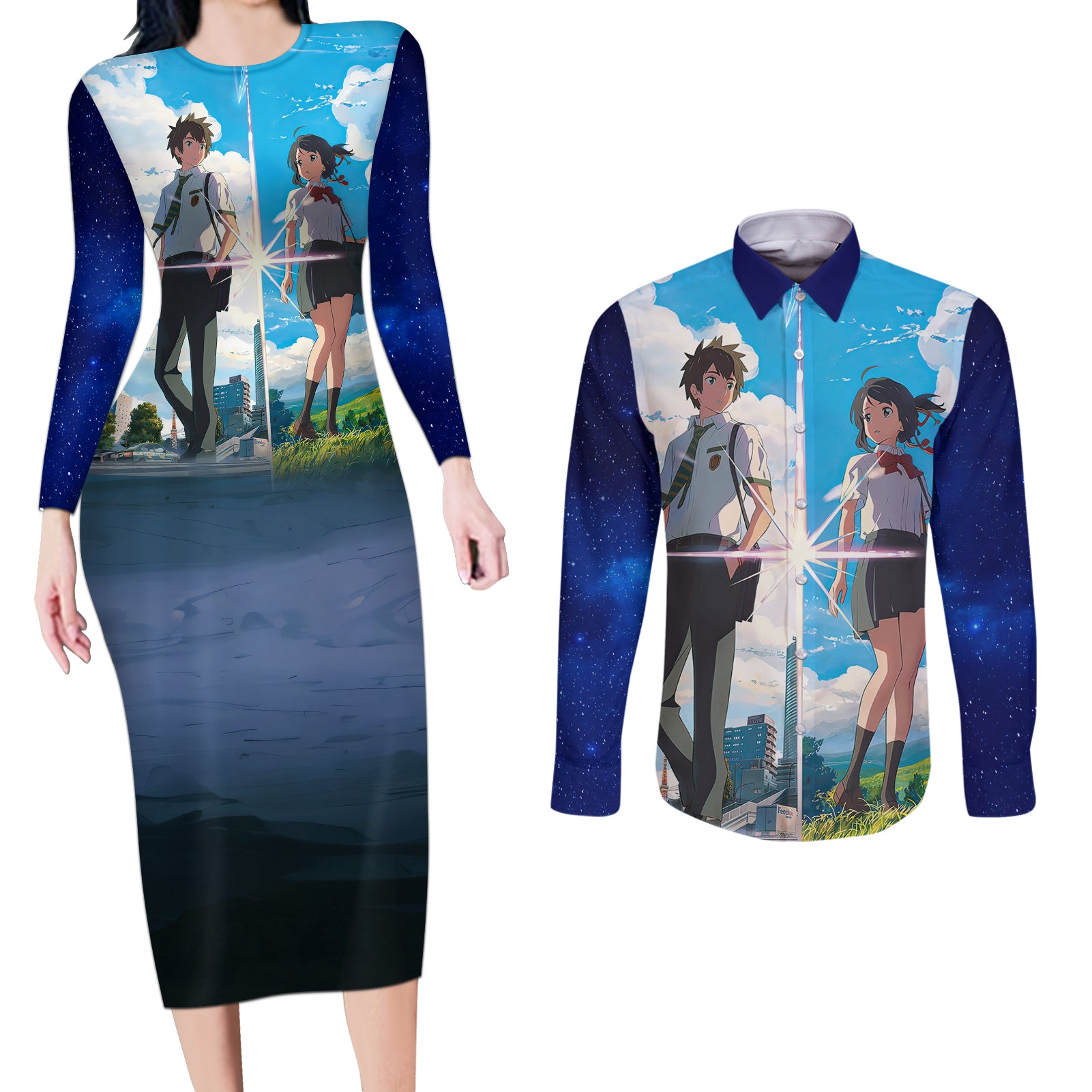 Your Name Hoodie Kimi no Na wa Couples Matching Long Sleeve Bodycon Dress and Long Sleeve Button Shirt Anime Style